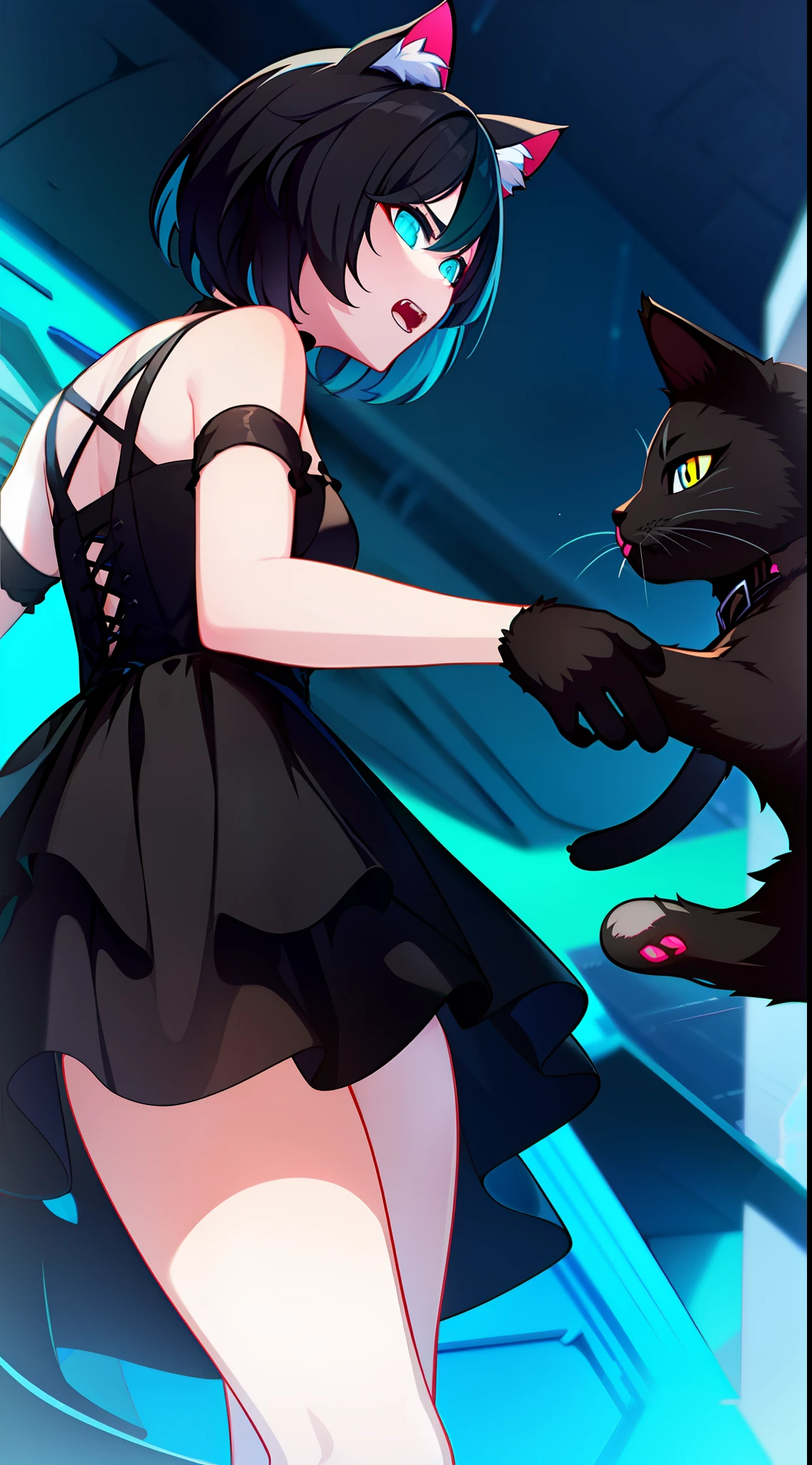 Adult woman, short black hair, cat ears, Cyan eyes, black lipstick, Black Dress, anger, Masterpiece, hiquality