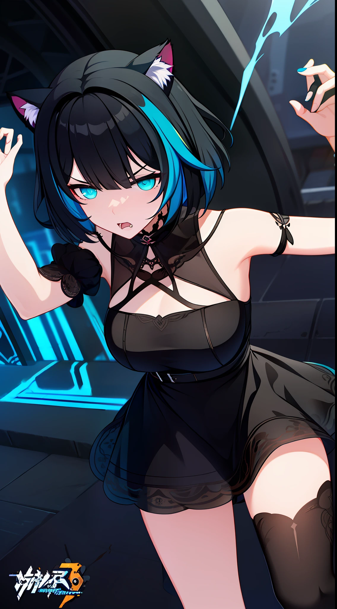 Adult woman, short black hair, cat ears, Cyan eyes, black lipstick, Black Dress, anger, Masterpiece, hiquality