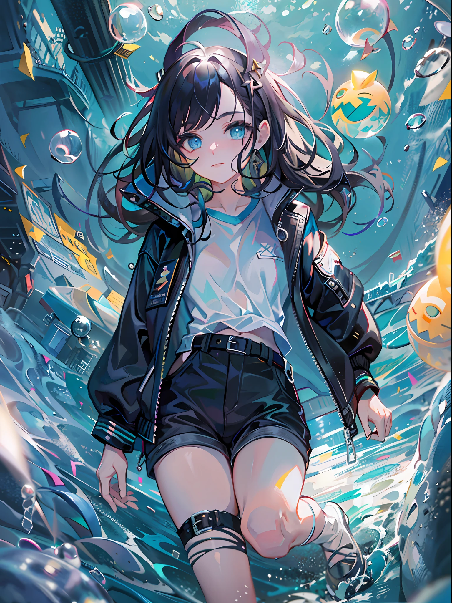 ((top-quality)), ((masterpiece)), ((ultra-detailliert)), (extremely delicate and beautiful), girl with, 独奏, cold attitude,((Black jacket)),She is very(relax)with the(Settled down)Looks,A dark-haired, depth of fields,evil smile,Bubble, under the water, Air bubble,bright light blue eyes,Inner color with black hair and light blue tips,Cold background,Bob Hair - Linear Art, shortpants、knee high socks、Camisole inner shirt、Hands in pockets