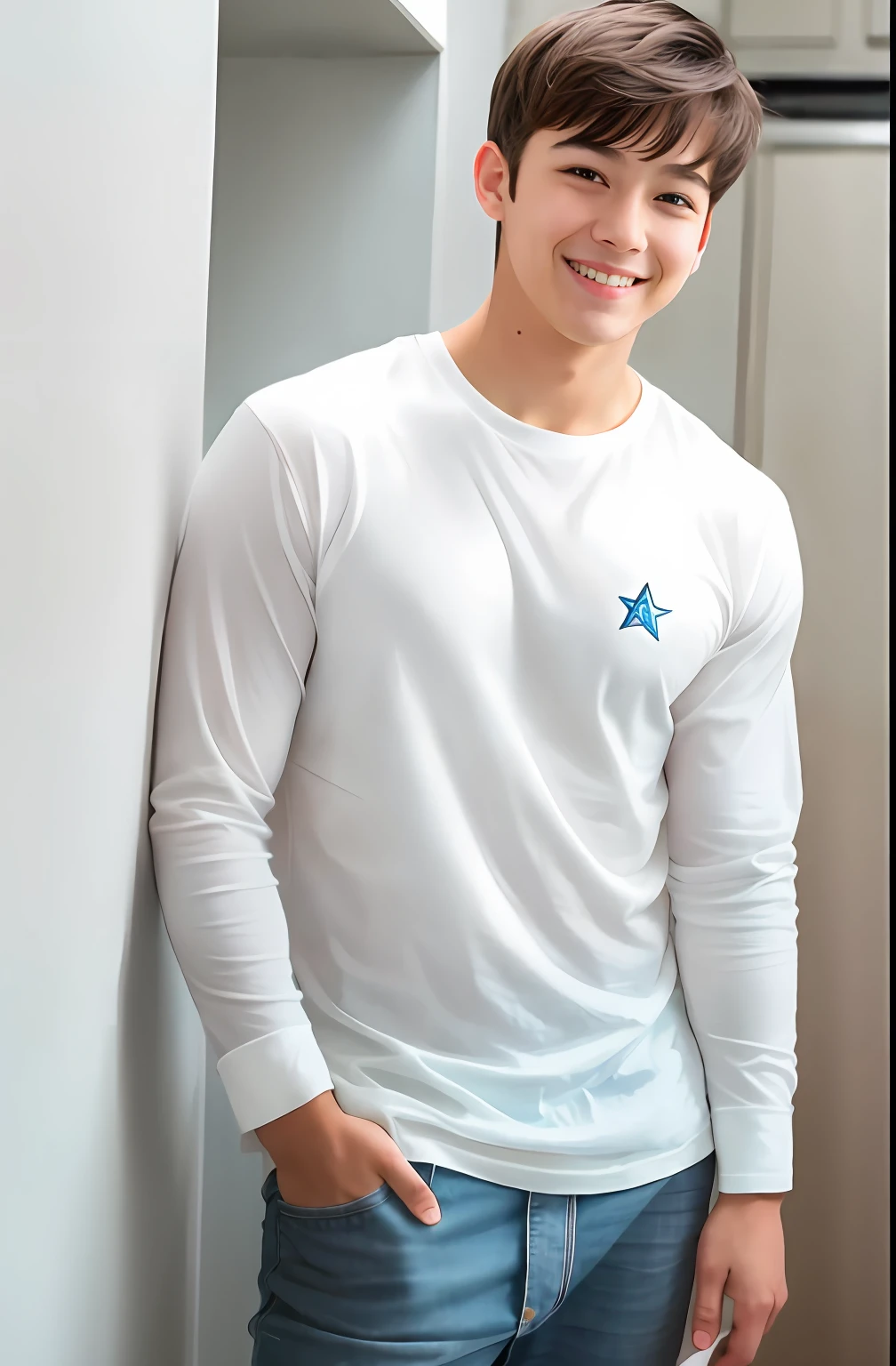 A boy with, not wearing tops, Star face,ssmile, having fun, Handsome,with long bangs,Nicholas
