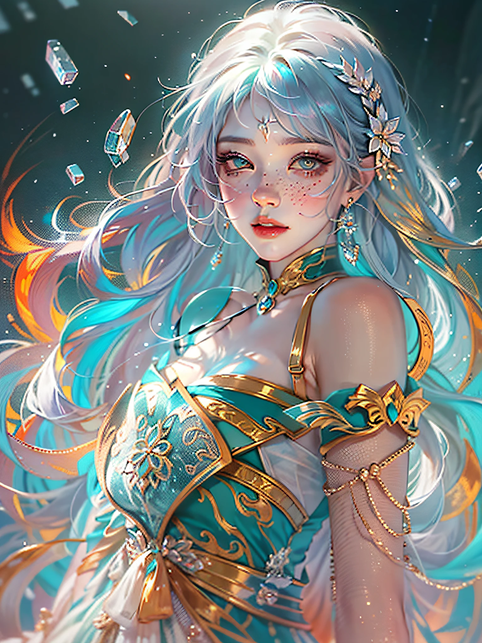 ((ultra detailed)),((Bright eyes)), (Detailed eyes) , 8k, blink blink, (The Little Faux Freckles Makeupgirl), ((realistic skin)), ((focus detailed 2 straps on the shoulders of dress)) , ((shiny facial skin)), with colorful hair and a colorful dress, rossdraws pastel vibrant, rossdraws cartoon vibrant, style anime 8k, beautiful portrait, artgerm colorful!!!, ! dream artgerm, beautiful anime girl, styled digital art, art wallpaper 8k, digital art, extremely detailed artgerm,