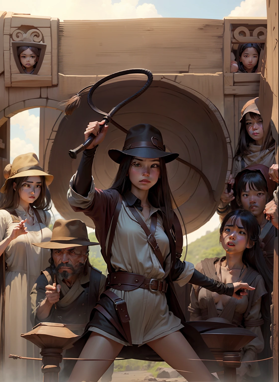 Girl in the center、The girl in the center has a whip and long hair、Uncle on the upper right、Girl in the center right、Male in the lower right corner、Female in the upper left、Uncle in the lower left、The background is Indiana Jones style、 --auto