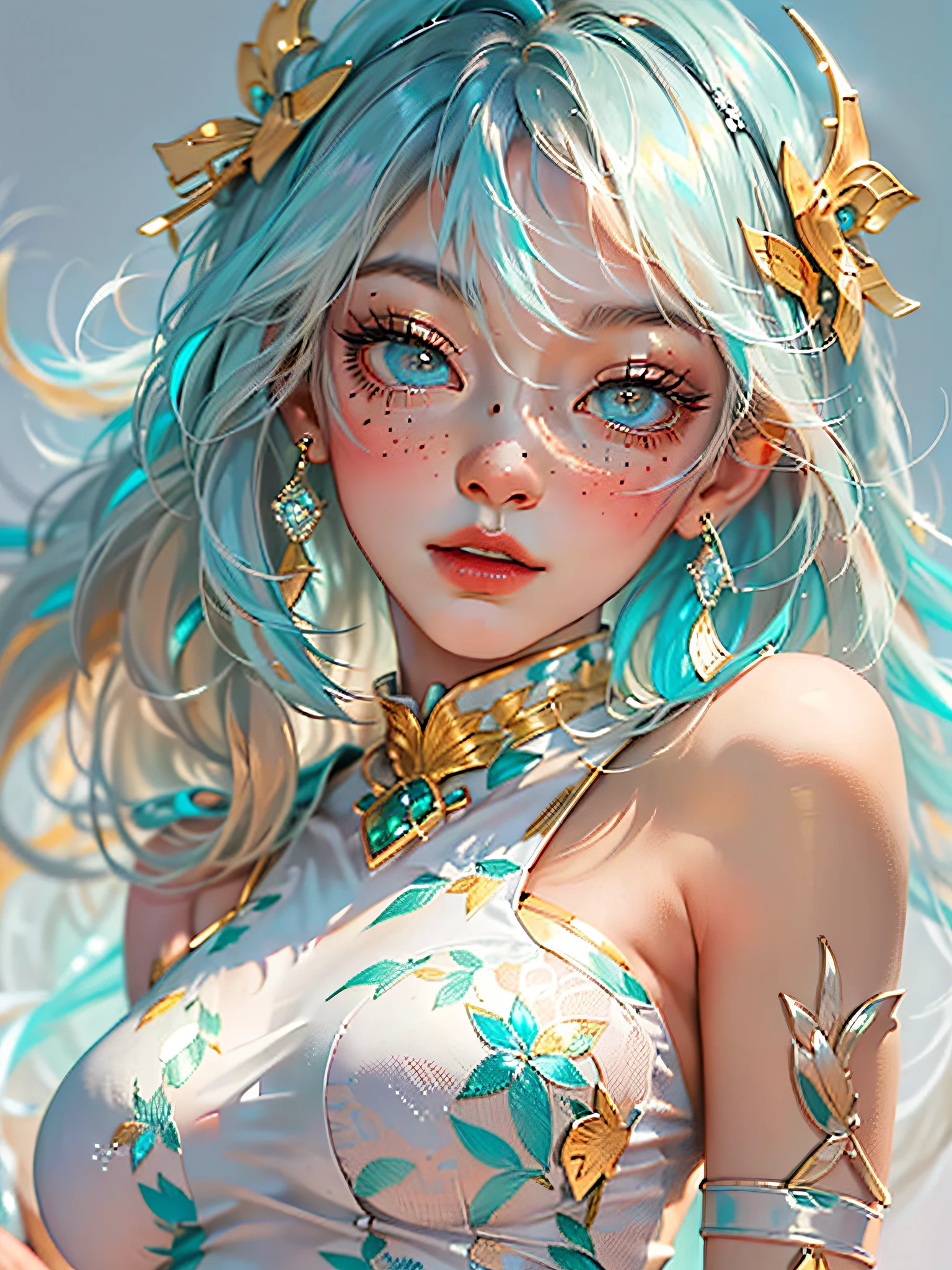 ((ultra detailed)),((Bright eyes)), (Detailed eyes) , 8k, blink blink, (The Little Faux Freckles Makeupgirl), ((realistic skin)), ((focus detailed 2 straps on the shoulders of dress)) , ((shiny facial skin)), with colorful hair and a colorful dress, rossdraws pastel vibrant, rossdraws cartoon vibrant, style anime 8k, beautiful portrait, artgerm colorful!!!, ! dream artgerm, beautiful anime girl, styled digital art, art wallpaper 8k, digital art, extremely detailed artgerm,