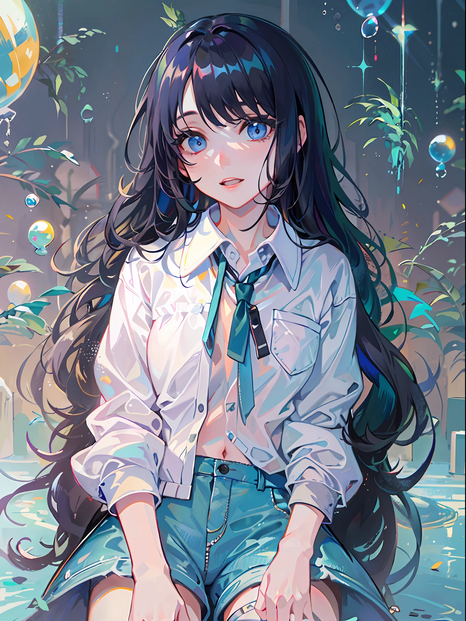 ((top-quality)), ((masterpiece)), ((ultra-detailliert)), (extremely delicate and beautiful), girl with, 独奏, cold attitude,((Black jacket)),She is very(relax)with the(Settled down)Looks,A dark-haired, depth of fields,evil smile,Bubble, under the water, Air bubble,bright light blue eyes,Inner color with black hair and light blue tips,Cold background,Bob Hair - Linear Art, shortpants、knee high socks、Camisole inner shirt、Hands in pockets