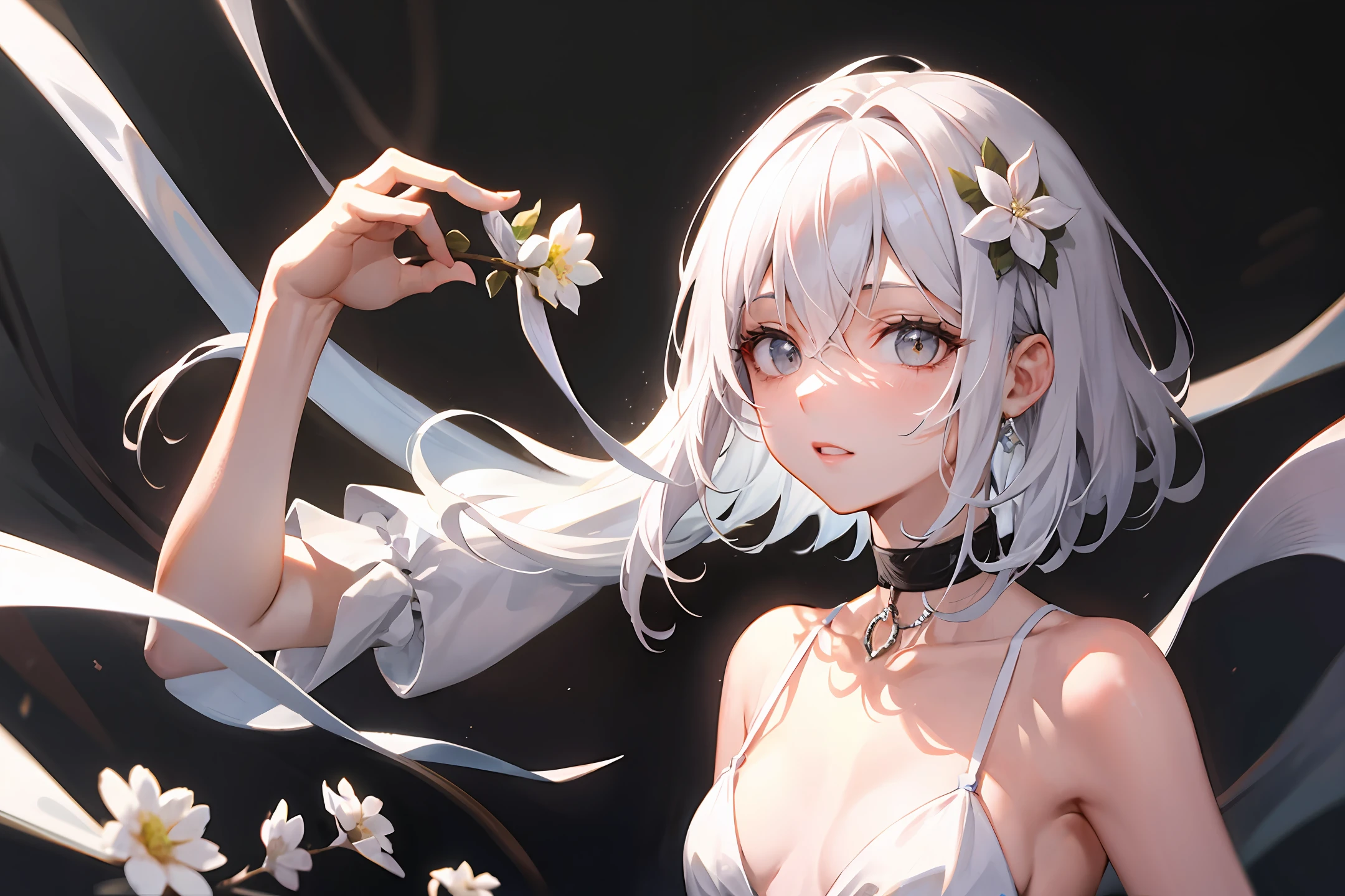 white  hair&silber hair　white of the eye　hide one eye　Medium hair　Smaller chest　a choker　Flower Hair Ornament Lori