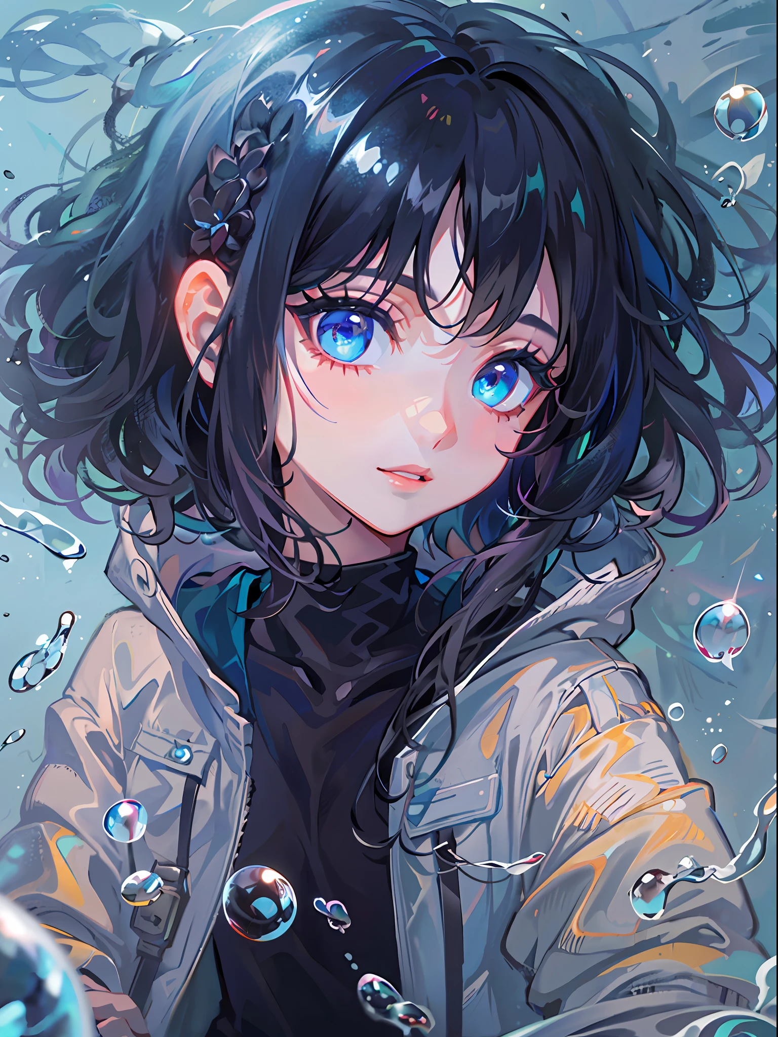 ((top-quality)), ((​masterpiece)), ((ultra-detailliert)), (extremely delicate and beautiful), girl with, 独奏, cold attitude,((Black jacket)),She is very(relax)with  the(Settled down)Looks,A dark-haired, depth of fields,evil smile,Bubble, under the water, Air bubble,bright light blue eyes,Inner color with black hair and light blue tips,Cold background,Bob Hair - Linear Art, shortpants、knee high socks、Camisole inner shirt、Hands in pockets