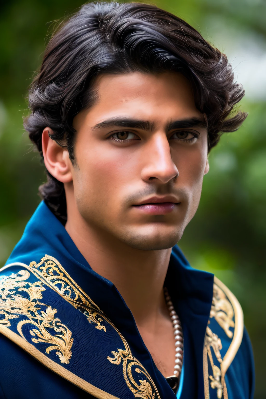 (Nice Disney prince dark black hair, ojos azules, reflejos llamativos y cara de cimento, piel blanca oliva, piel bronceada. Greek Demigod Warrior A1.2), traje de guerrero romano negro y azul, hiper detallado, ultra sharp, 8k, (incrivelmente detalhado: 1.5), fotografia de corpo completo iro, 20 megapixel, Canon E OS R3, completamente detallado, Demigod Grego