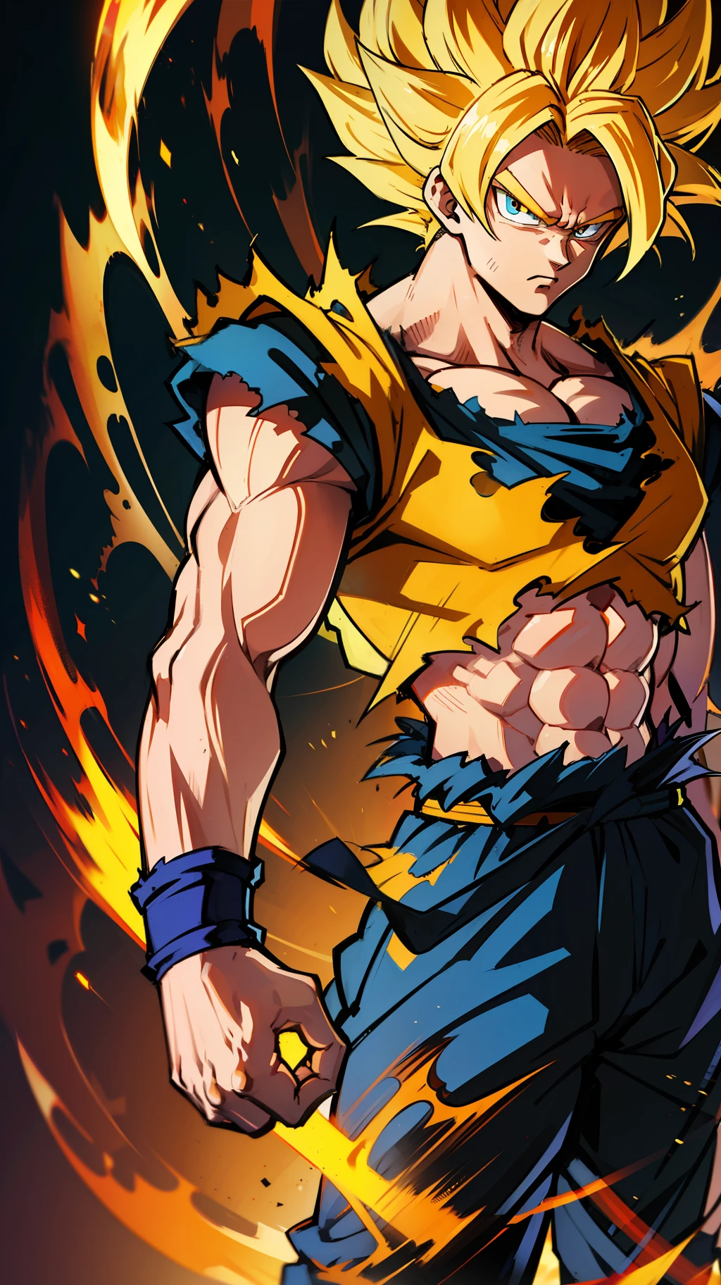 Son goku super sayajin looking at viewer, serious face. Yellow orange aura of power. Muscles. soft light. digital art. traces of 90's anime. Orange Torn clothes. Face defined,