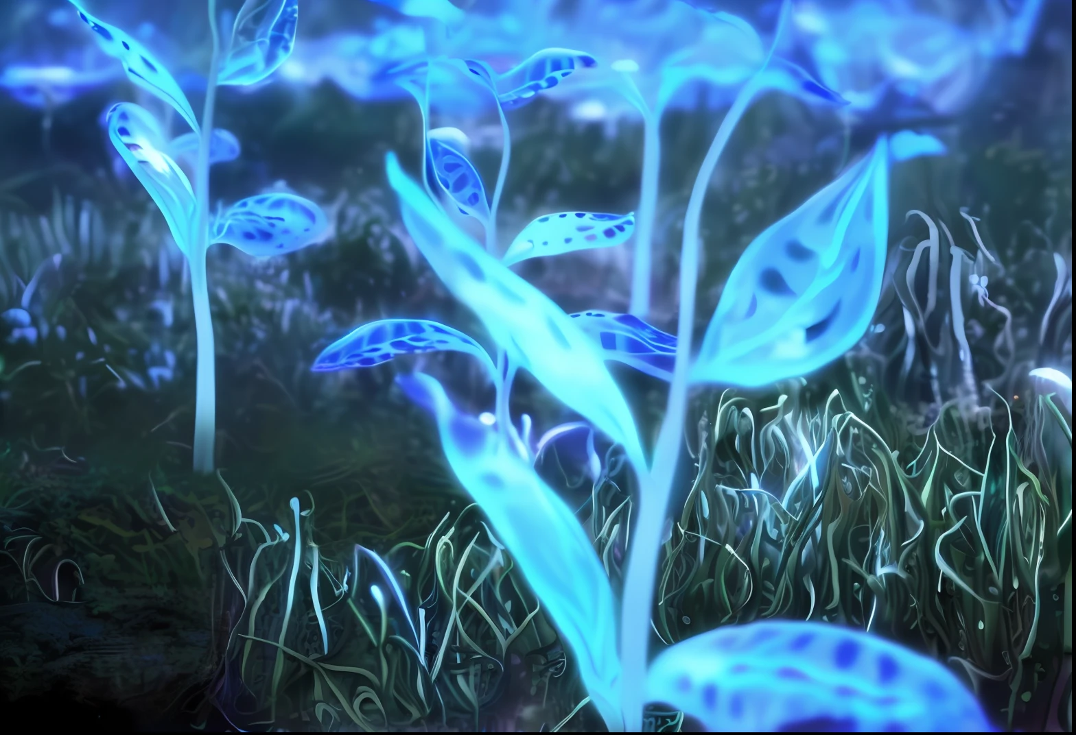 There are many blue flowers in the grass, Glowing plants, bioluminescent plants, glowing plants, twirling glowing sea plants, Bioluminescent forest floor, bioluminescent cyber - garden, glowing blue mushrooms in mire, Glowing spores fly, Glowing Leaves, glowing blue mushrooms, fantasy magical vegetation, Glowing flowers