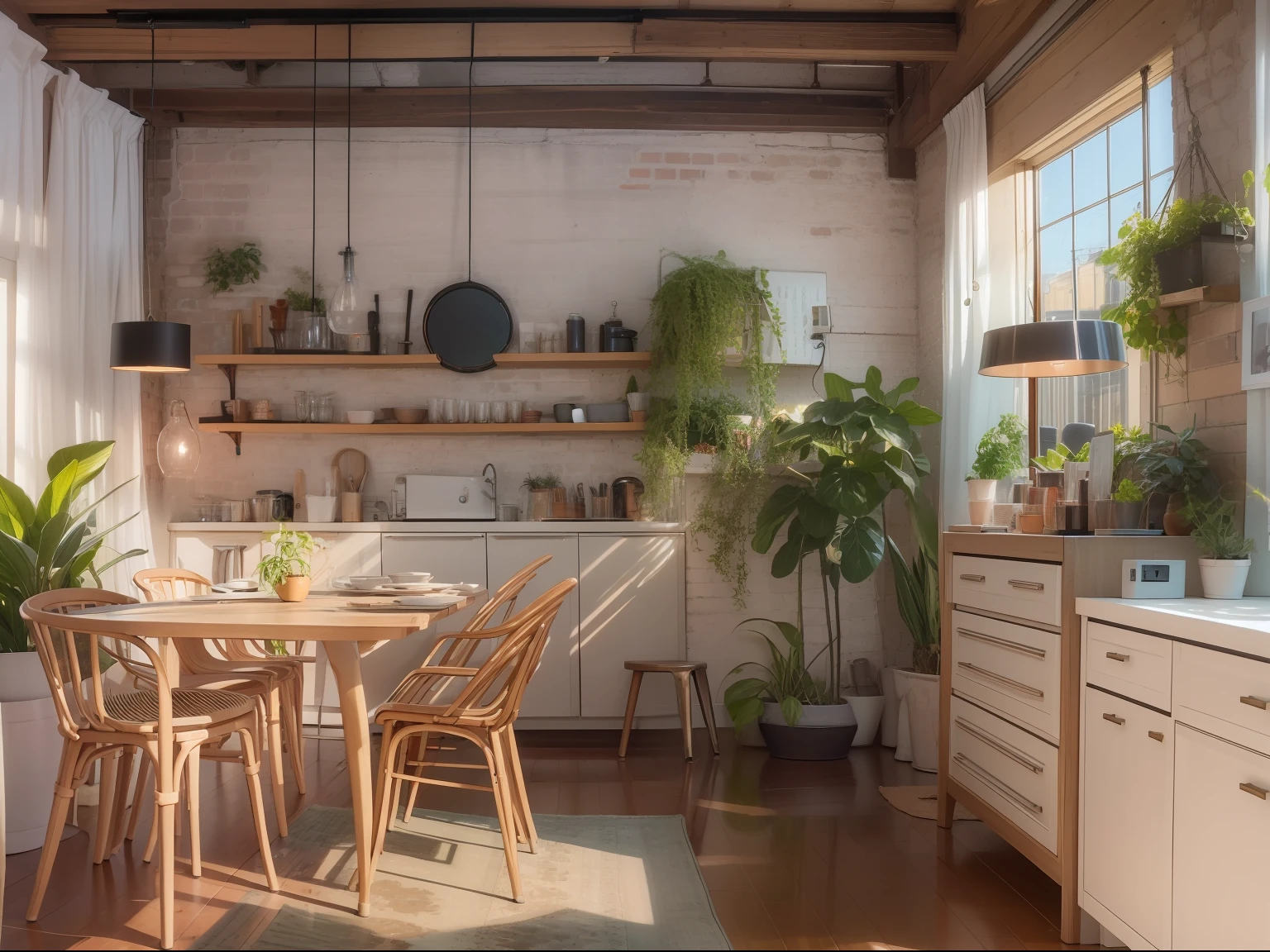 High-detail RAW color photography, Modern loft-style dining room, (higly detailed, hyper-detailing, Entanglement), (lens glare: 0,7), particle fx, ray traced, 电影灯光, Shallow depth of field, photographed with Sony a9 II, 50mm wide angle lens, sharp-focus