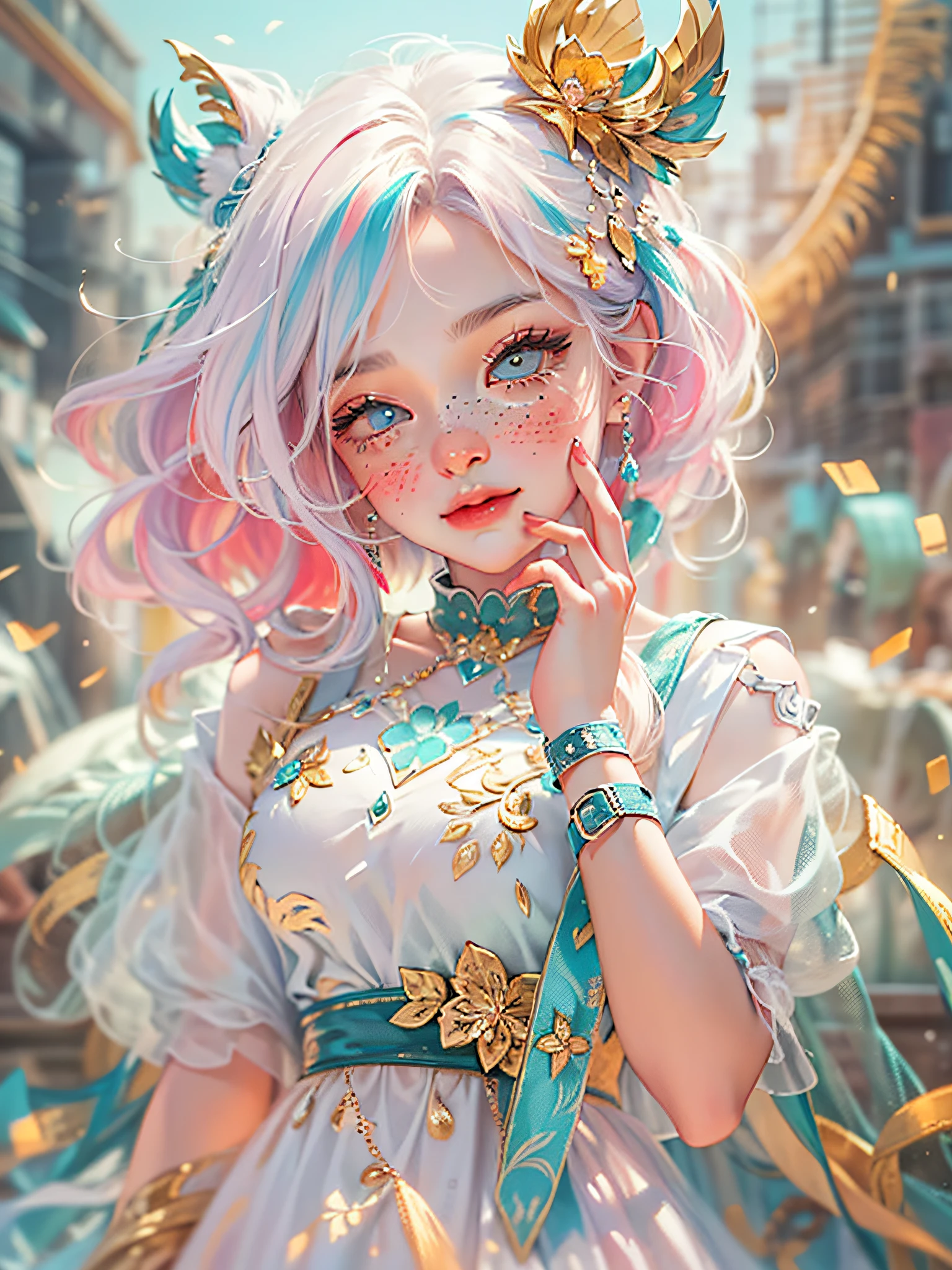 ((ultra detailed)),((Bright eyes)), (Detailed eyes) , 8k, blink blink, (The Little Faux Freckles Makeupgirl), ((realistic skin)), ((focus detailed 2 straps on the shoulders of dress)) , ((shiny facial skin)), with colorful hair and a colorful dress, rossdraws pastel vibrant, rossdraws cartoon vibrant, style anime 8k, beautiful portrait, artgerm colorful!!!, ! dream artgerm, beautiful anime girl, styled digital art, art wallpaper 8k, digital art, extremely detailed artgerm,