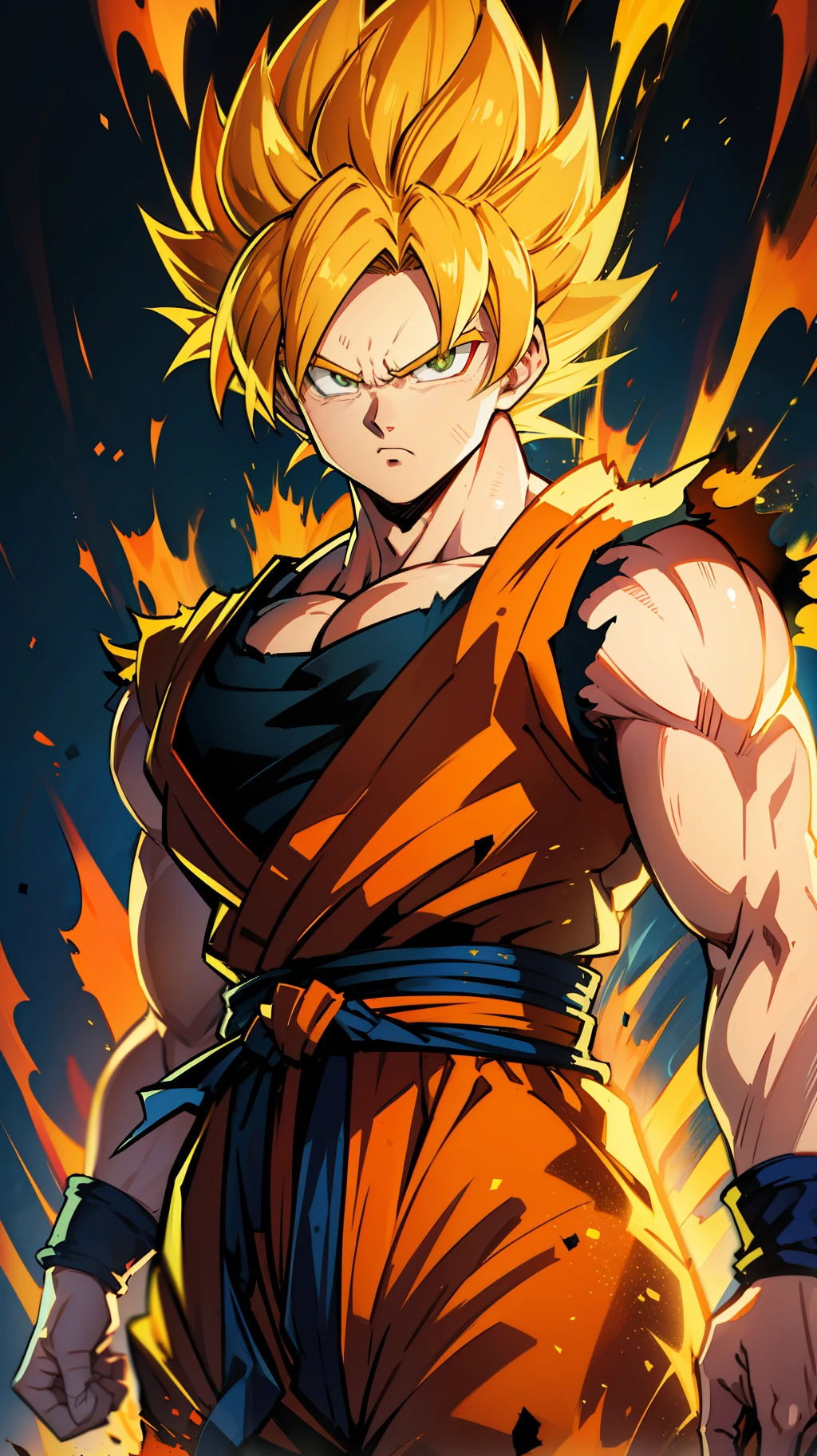 Son goku super sayajin looking at viewer, serious face. Yellow orange aura of power. Muscles. soft light. digital art. traces of 90's anime. Orange Torn clothes. Face defined,