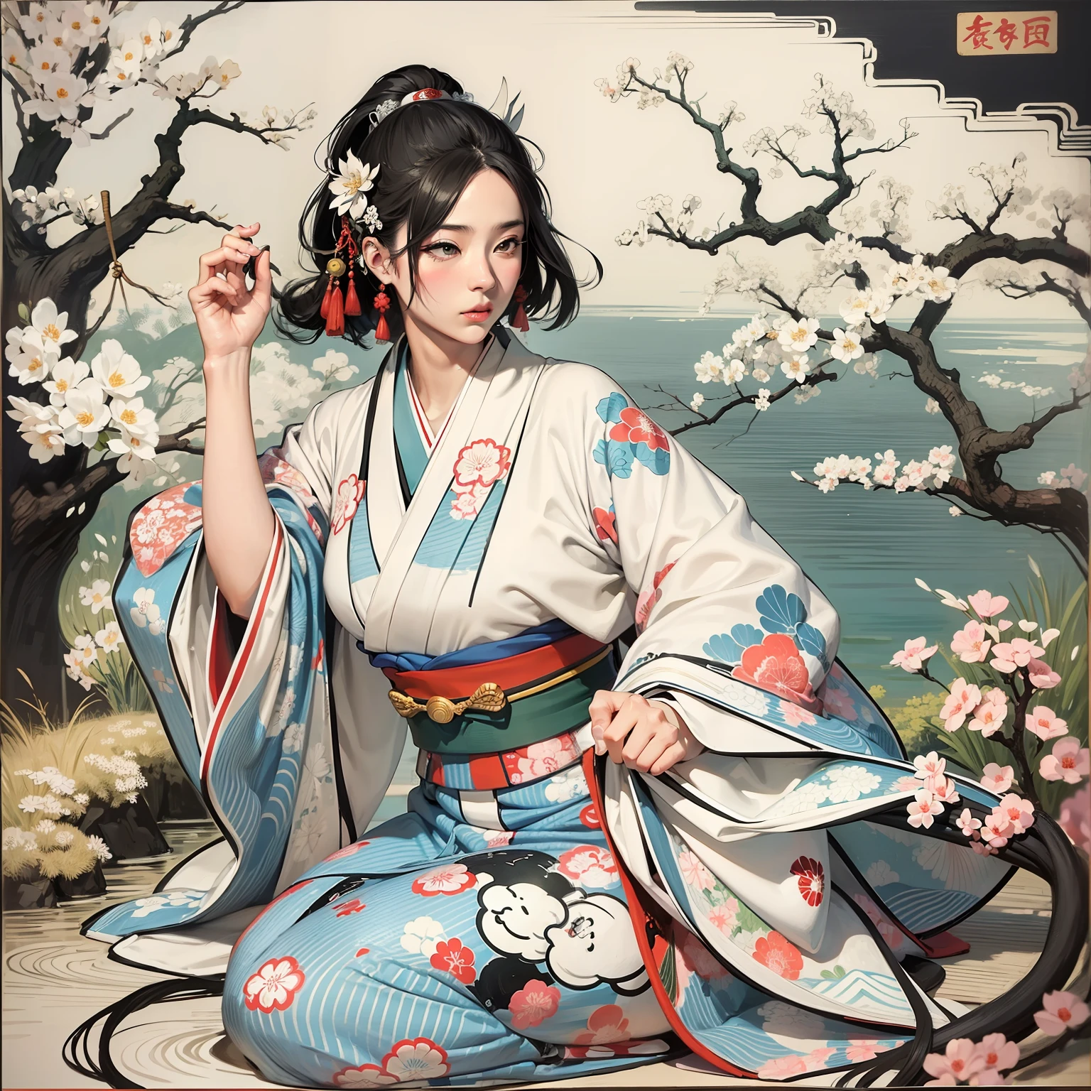 ukiyoe painting、A logo、Hinomaru、Woman in beautiful kimono、Komono、black-and-white、8K、super-fine、Japan sunny、