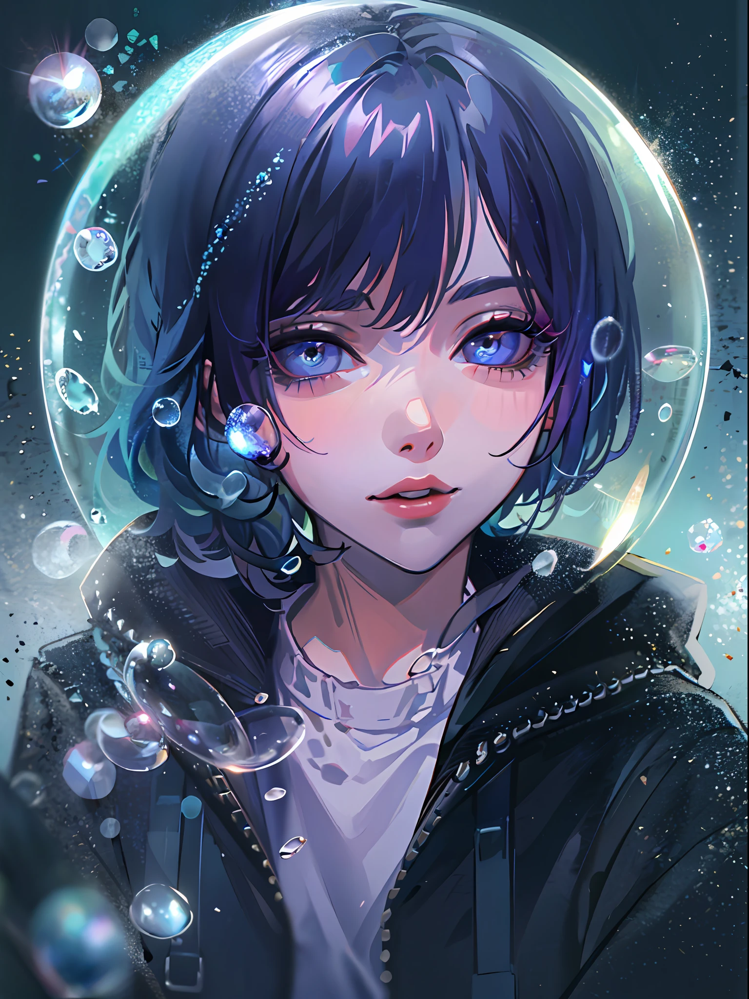 ((top-quality)), ((​masterpiece)), ((ultra-detailliert)), (extremely delicate and beautiful), girl with, 独奏, cold attitude,((Black jacket)),She is very(relax)with  the(Settled down)Looks,A dark-haired, depth of fields,evil smile,Bubble, under the water, Air bubble,bright light blue eyes,Inner color with black hair and light blue tips,Cold background,Bob Hair - Linear Art, a miniskirt、knee high socks