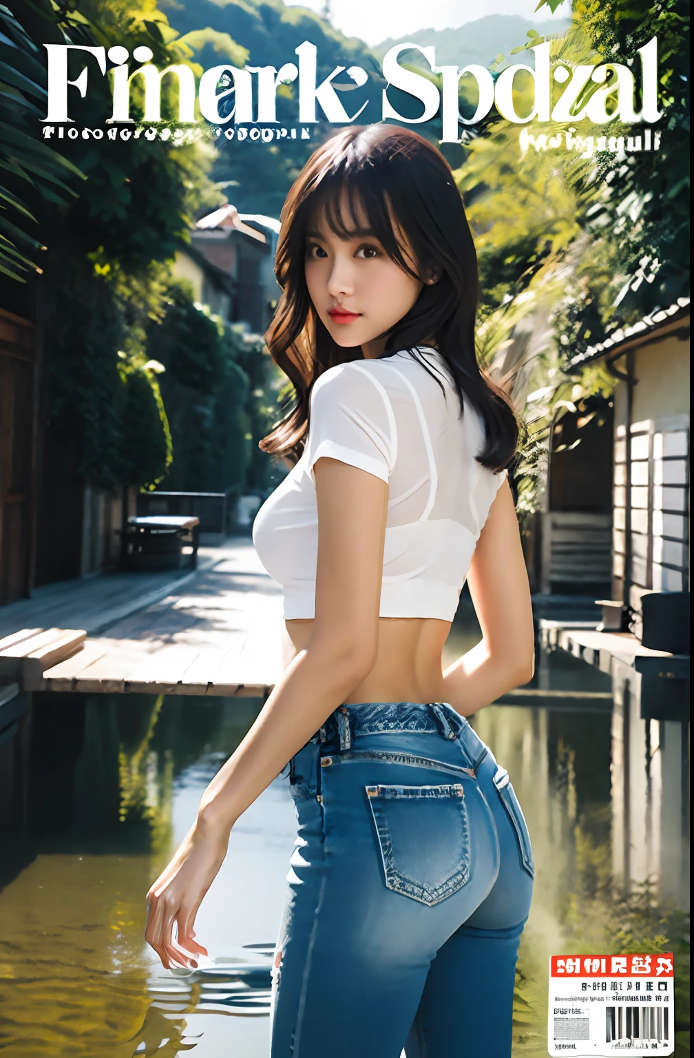 4K, HDR, best qualtiy, tmasterpiece, high detal, 超高分辨率, digital photography,sunrise light,(Fujifilm color: 1.2) sportrait, wide viewing angle, Professional images, (photography of: 1.2), (dynamicposes: 1.1), (full bodyesbian,close to viewer), 1 rapariga, 独奏, delicated face,Tall and lean, mediuml breasts, slim toned body, Standard buttocks, ((glute)), Classic wavy long hair, leaning-forward,(FSB:1.3),(Frosuke:1.3),(whitet-shirt),(Transparent bra),(Short gray denim hot pants),short- sleeved,By bangs,Small bridges and running water,A sense of decadence,vague background,MagazineCover