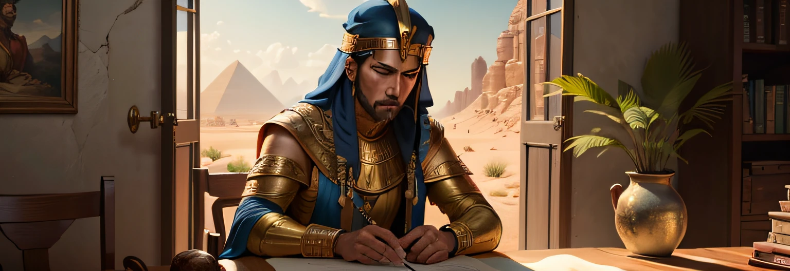 "Create an illustration that represents the biblical character Joseph of Egypt and his story. The image should portray Joseph as a young and skilled man, in the distinctive clothes of an Egyptian ruler, like a colorful robe and a head adornment. Ele deve estar rodeado por elementos que simbolizem sua jornada, like a well, where he was played by the brothers, and a chalice, representing his interpretation of Pharaoh's dreams. The image should also show key scenes from Joseph's story, How to sell grain during the famine and the exciting reunion with your family. The setting should reflect Ancient Egypt, with pyramids in the background and desert landscapes. Use rich, vibrant colors to convey the greatness and importance of this biblical story. The image should capture the resilience, Joseph's wisdom and redemption, transmitindo a ideia de que, Even in the midst of adversity, faithfulness to God can lead to a prosperous future."