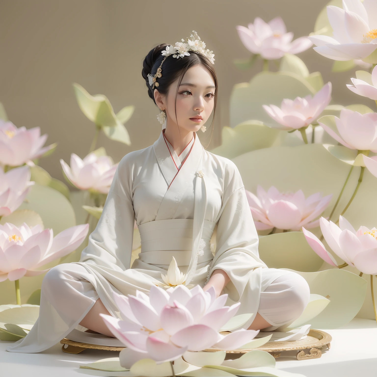 Yoga lotus pose, close - up, a Chinese lady in white minimal hanfu sit on a big lotus flower, in the style of influenced by ancient chinese art, white, graceful balance,Photorealistic,Oriental minimalist style,ivory,zen-inspired,Light hanbok,Light white and light beige,Cinematic elegance,Neoclassical symmetry,carefully designed,Solid light background