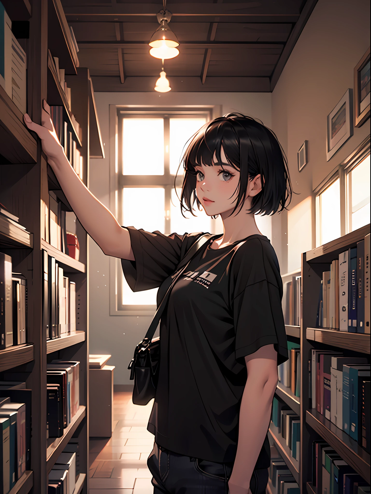 15 year old young girl : 1.3, short black hair: 1.2, Casual wear: 1.2, Daytime: 1.2,In the library: 1.2, Film lighting, Surrealism, UHD, ccurate, Super detail, textured skin, High detail, Best quality, 8k,Thin bangs