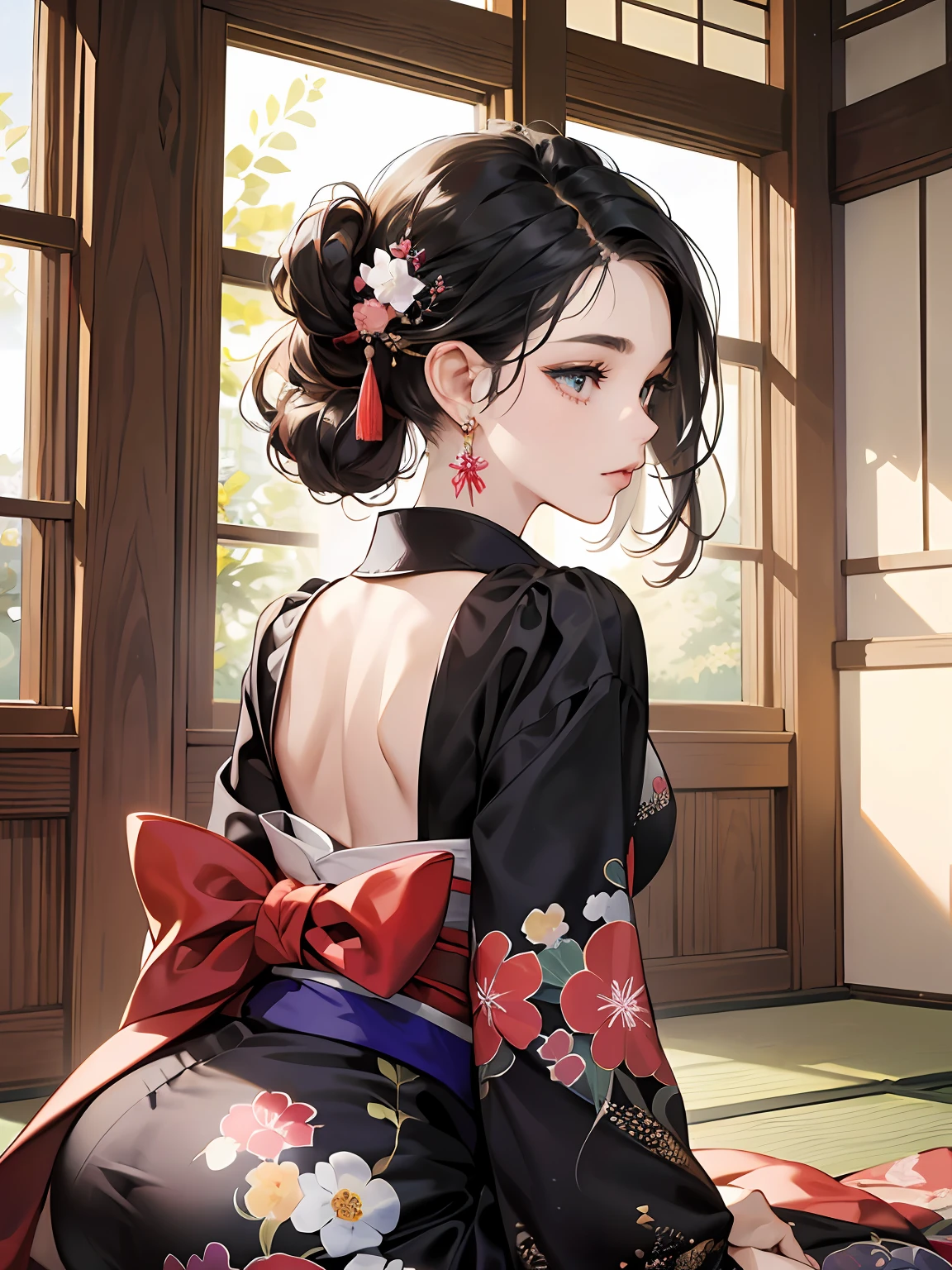 (Masterpiece, Top quality, Best quality, offcial art, Beautiful indulgence: 1.2), (Japanese dress), arms back behind, (Upper body only), (1 girl: 1.3), Japan  Woman, Very detailed, Colorful, best detail ((Super detailed)), (Very detailed 2DCG illustration), (((Very delicate and beautiful)) (Seated), Expressionless, Black hair, kanzashi, Earrings --auto --s2