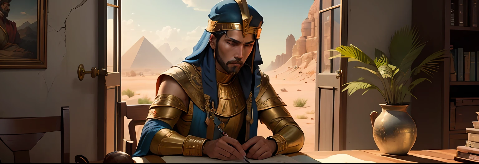 "Create an illustration that represents the biblical character Joseph of Egypt and his story. The image should portray Joseph as a young and skilled man, in the distinctive clothes of an Egyptian ruler, like a colorful robe and a head adornment. Ele deve estar rodeado por elementos que simbolizem sua jornada, like a well, where he was played by the brothers, and a chalice, representing his interpretation of Pharaoh's dreams. The image should also show key scenes from Joseph's story, How to sell grain during the famine and the exciting reunion with your family. The setting should reflect Ancient Egypt, with pyramids in the background and desert landscapes. Use rich, vibrant colors to convey the greatness and importance of this biblical story. The image should capture the resilience, Joseph's wisdom and redemption, transmitindo a ideia de que, Even in the midst of adversity, faithfulness to God can lead to a prosperous future."