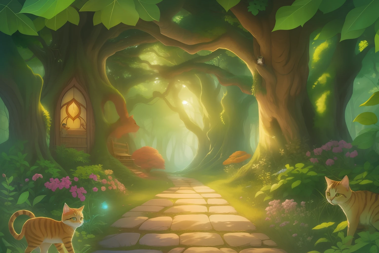 (2D Animation:3.2)。 Artistic and fantasy cute animation that fuses colorful cartoon art and line art of nature、Children's picture book cover depicting a sacred tree towering in the center and a mysterious forest at the base of the trunk。 In front of the entrance door of the Wonder Forest, a golden light illuminates the entrance door、Mother cat and kitten bathed in golden light in front of the entrance of a mysterious forest。 A mysterious forest full of kindness、colorful trees々、About the sparkling creeks and animals、CATS talks。 A mysterious movie where two people live「avatar」Forest like the world、Fairytale style、Watercolor wind、Subdued Color、Colorful Trees々、art stations、foco nítido、studio shoot、intricate detailes、hight resolution、Dreamy fantasy forest、Photorealistic Painting、foco nítido、8K、perfect-composition、
