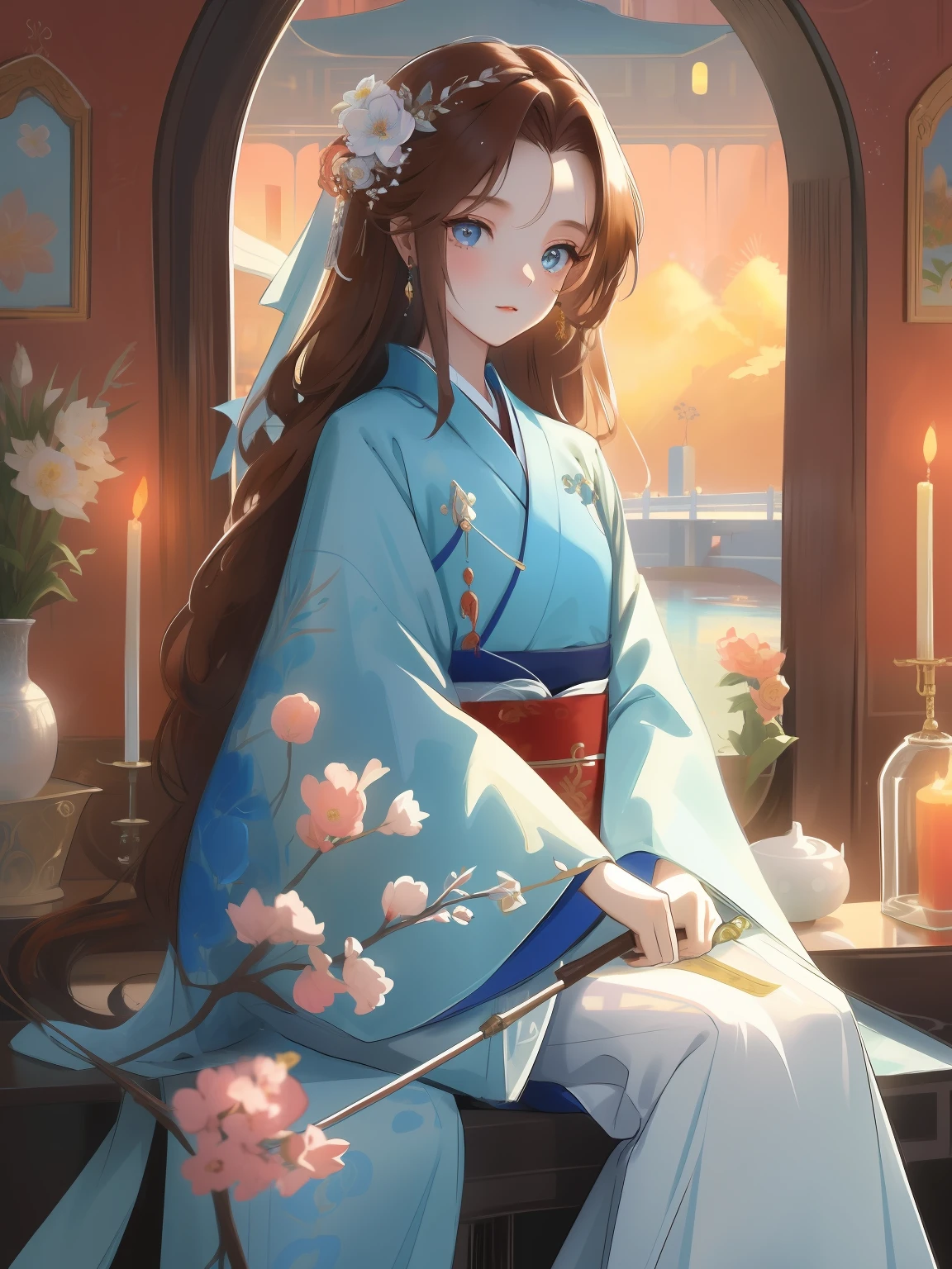 Best quality at best，tmasterpiece，illustratio，an extremely  delicate and beautiful，The is very detailed，CG，unity，8k wallpaper，astounding，finely detailled，tmasterpiece，Best quality at best，offcial art，Very detailed CG unity 8k wallpaper，absurderes，Incredibly Ridiculous res，hugefilesize，ultra - detailed，A high resolution，The is very detailed，Beautiful detailed girl，very detailed eyes and faces，beatiful detailed eyes，light in face，（Hanfu：1.1），1girll，full bodyesbian，full bodyesbian，shot of，，tmasterpiece，1girll，独奏，brunette color hair，white dresses，，white thighhig，lake，dampness