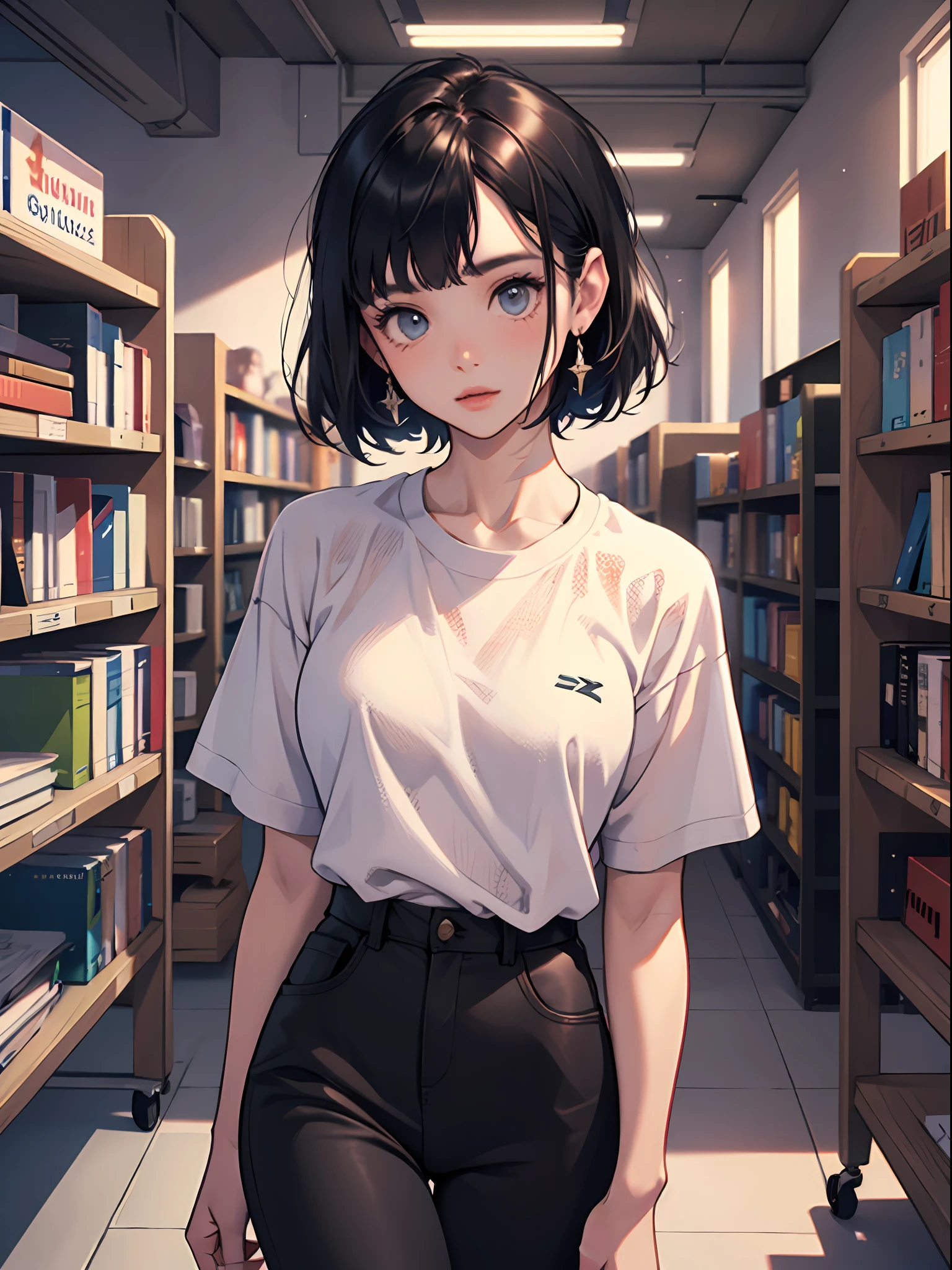  young girl : 1.3, short black hair: 1.2, Casual wear: 1.2, Daytime: 1.2, In the library: 1.2, Film lighting, Surrealism, UHD, ccurate, Super detail, textured skin, High detail, Best quality, 8k