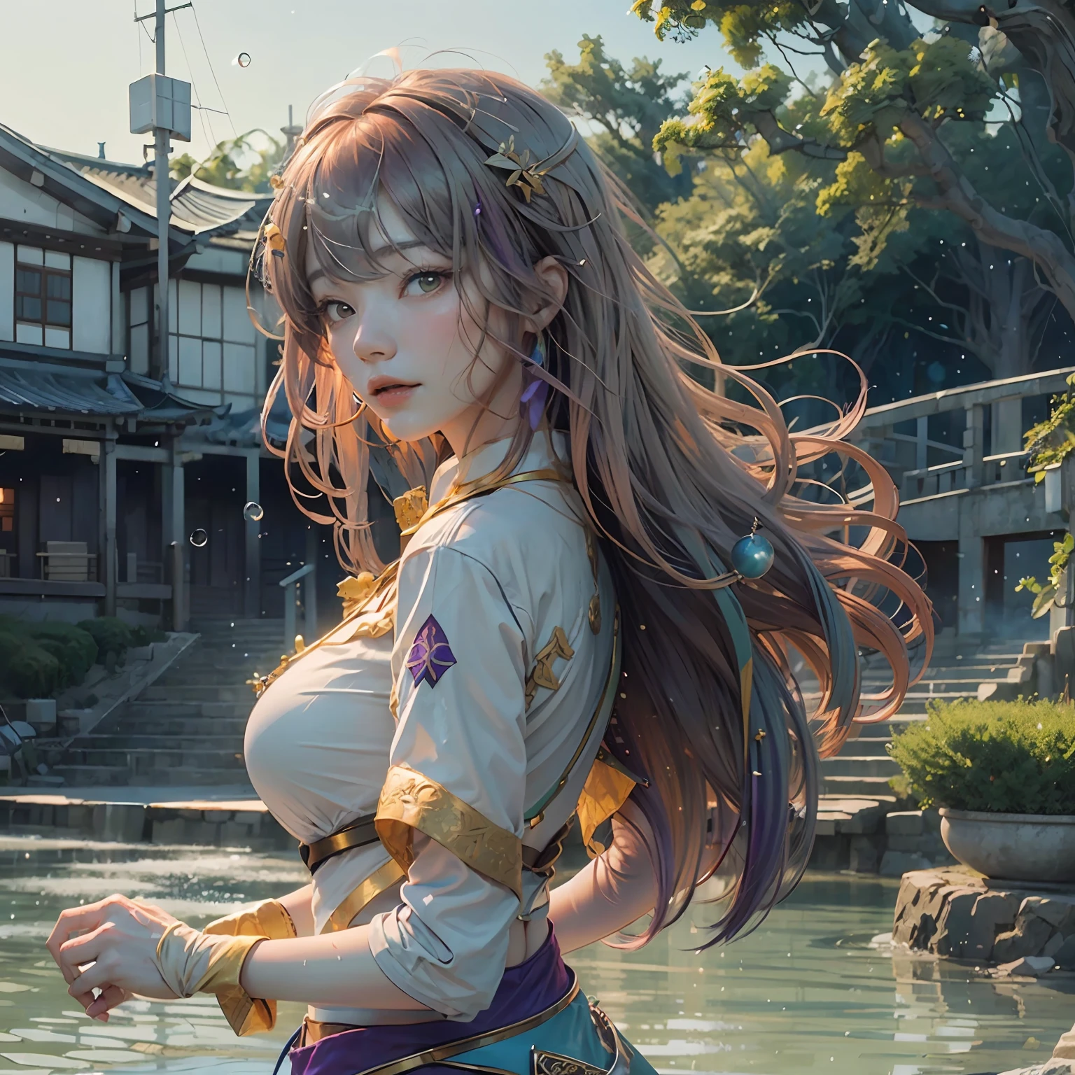 masterpiece of best quality、Highly detailed CG Unity 8K wallpapers、beautiful illustration、Beautiful floating feeling、hight resolution、Dynamic angles、One girl in a dynamic pose、brown-eyed、(multi color hair+silber hair:1.3+Red-haired:1.2+Purple hair+Yellow hair:1.3+Green hair:1.3)、White martial arts uniform、choker necklace、beautiful countenance、A lot of water droplets、​​clouds、dim light、Wide shot、Gorgeous young Korean woman, Japanese Models, Korean Girl, Junior Officer、big butts，large full breasts --auto