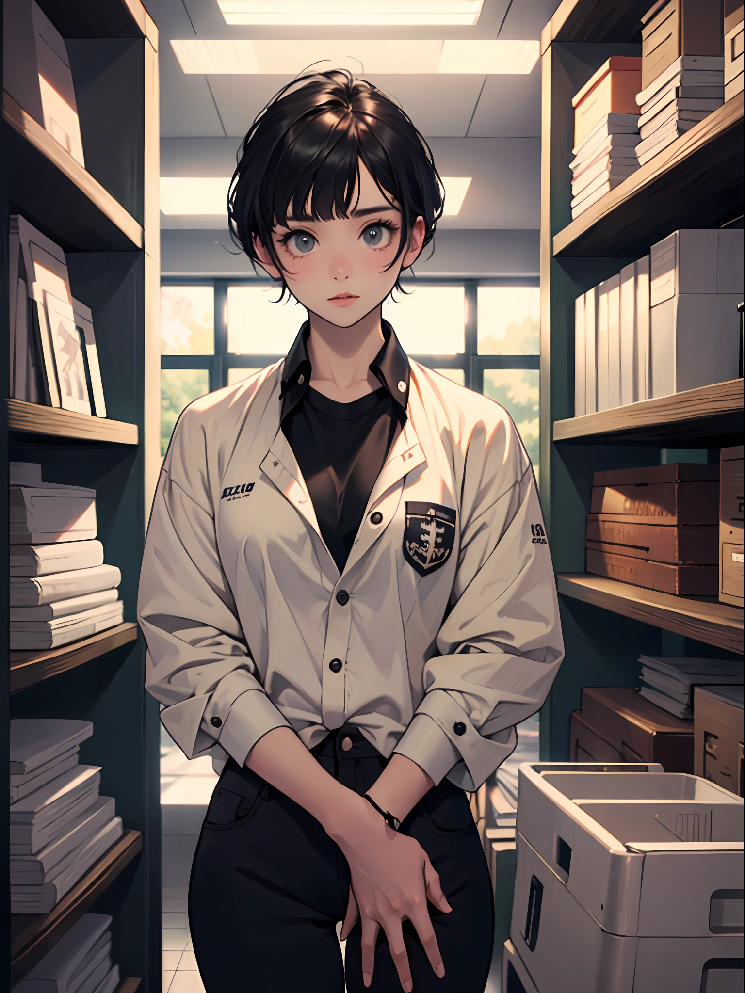 15 year old young girl : 1.3, short black hair: 1.2, Casual wear: 1.2, Daytime: 1.2, In the library: 1.2, Film lighting, Surrealism, UHD, ccurate, Super detail, textured skin, High detail, Best quality, 8k