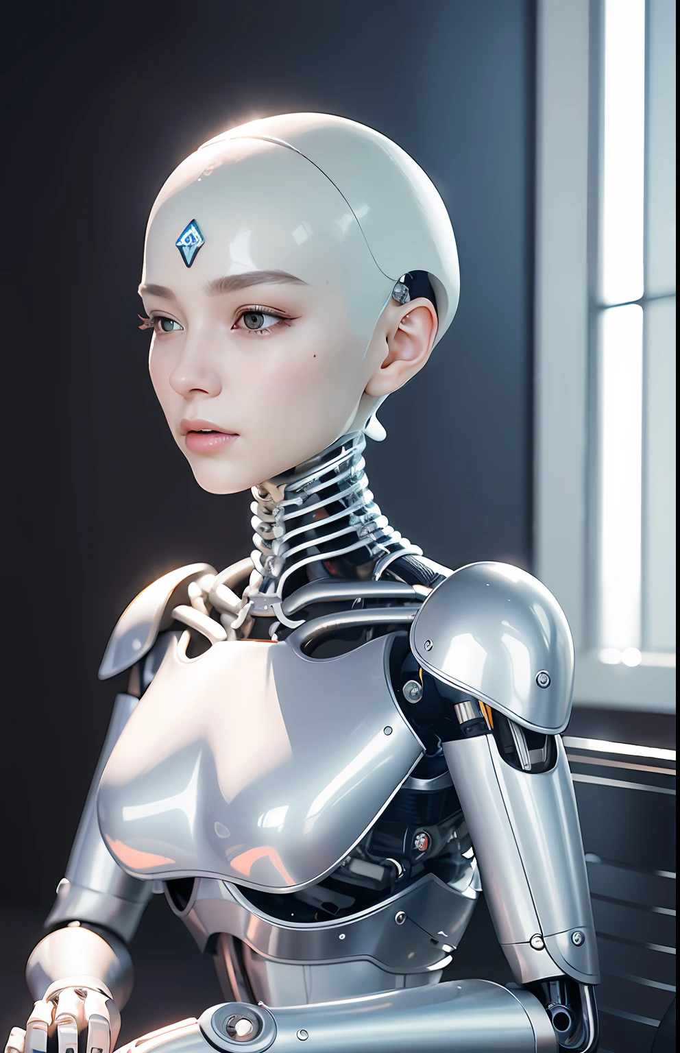 complex 3d render ultra detailed of a beautiful porcelain profile woman android face, cyborg, robotic parts, 150 mm, beautiful studio soft light, rim light, vibrant details, luxurious cyberpunk, lace, hyperrealistic, anatomical, facial muscles, cable electric wires, microchip, elegant, beautiful background, octane render, H. R. Giger style, 8k, best quality, masterpiece, illustration, an extremely delicate and beautiful, extremely detailed ,CG ,unity ,wallpaper,Amazing, finely detail, masterpiece,best quality,official art, extremely detailed CG unity 8k wallpaper, robot, silver halmet, ((full body)), sitting