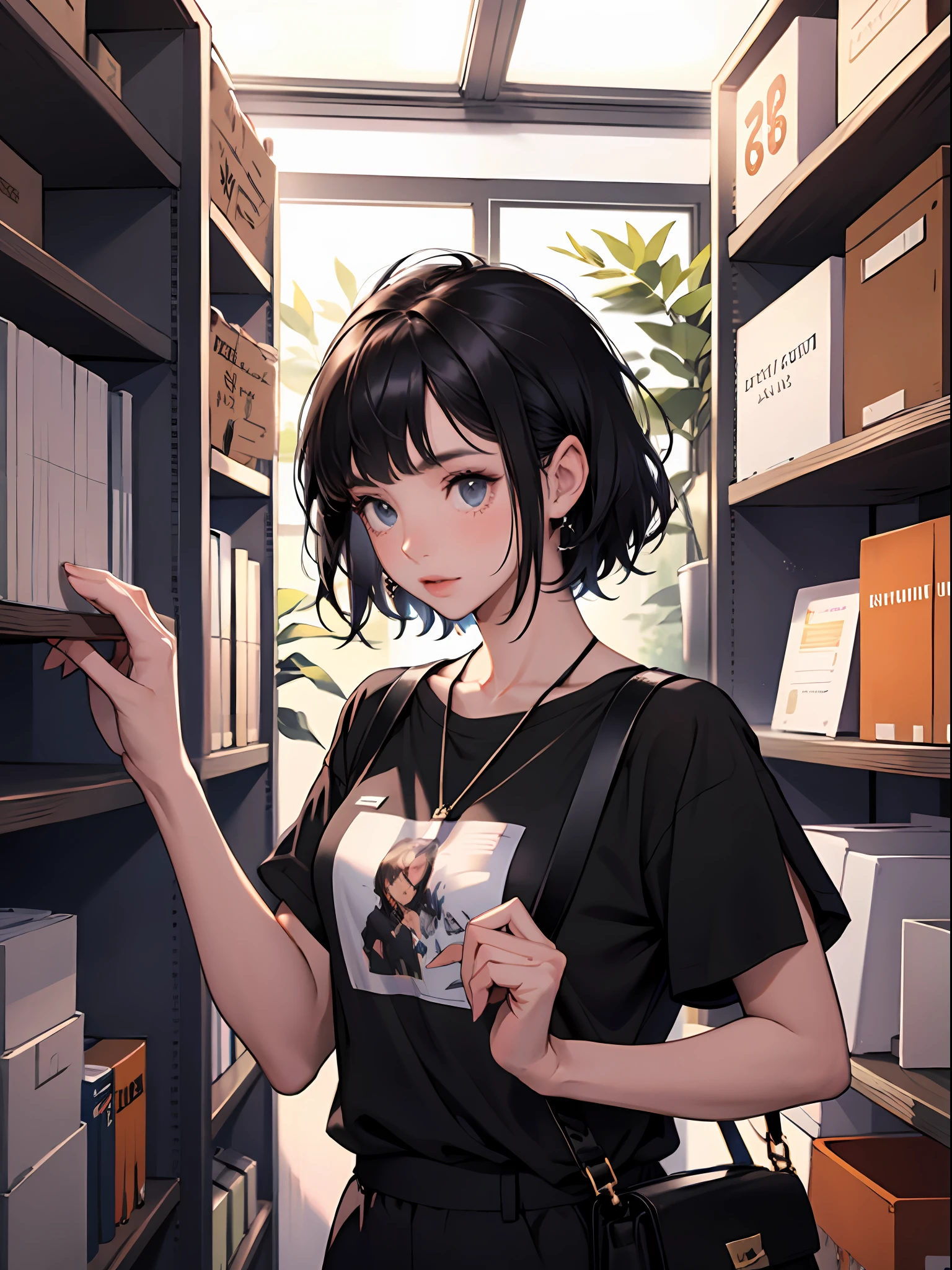15 year old young girl : 1.3, short black hair: 1.2, Casual wear: 1.2, Daytime: 1.2, In the library: 1.2, Film lighting, Surrealism, UHD, ccurate, Super detail, textured skin, High detail, Best quality, 8k