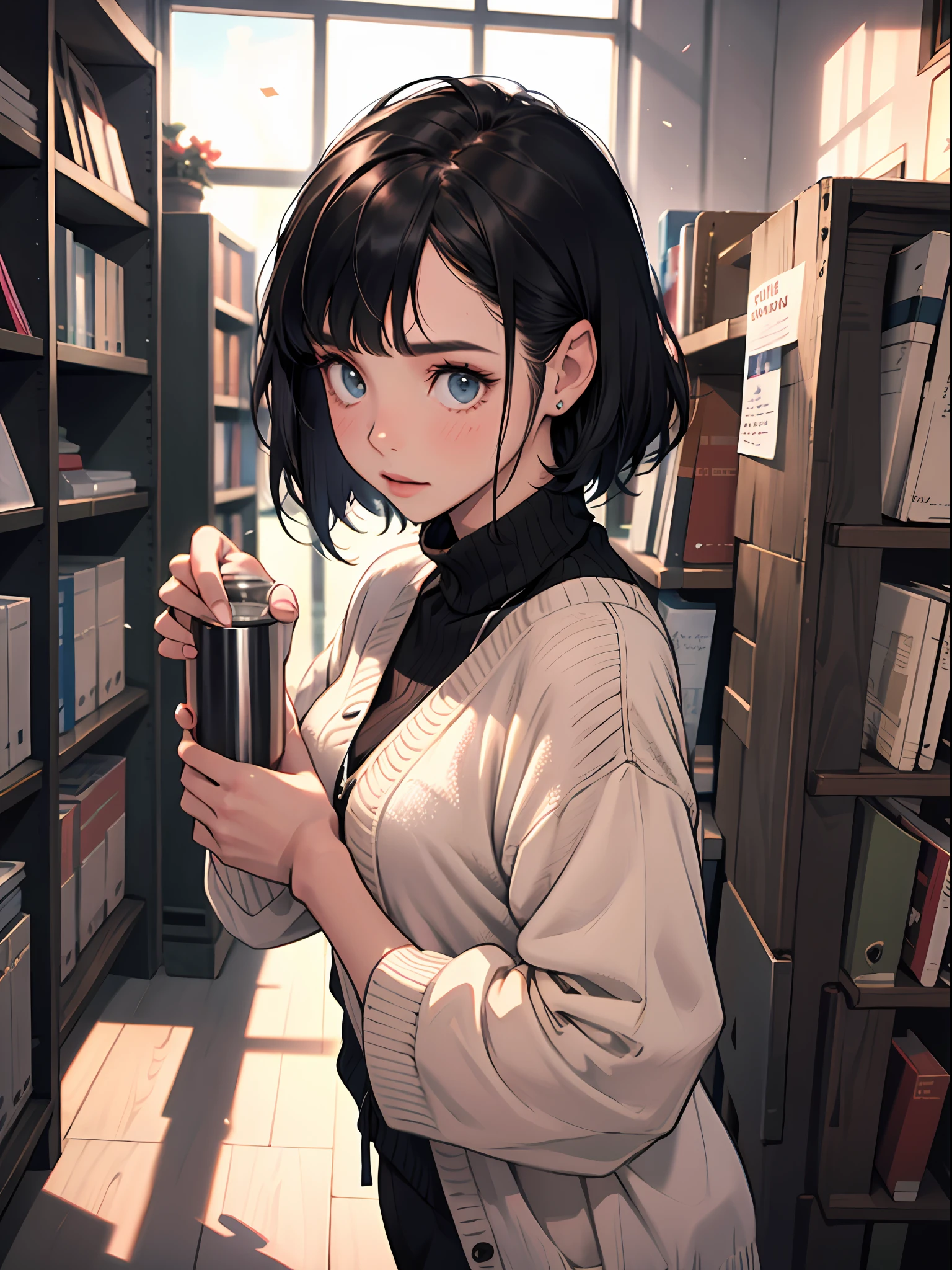 15 year old young girl : 1.3, short black hair: 1.2, Casual wear: 1.2, Daytime: 1.2, In the library: 1.2, Film lighting, Surrealism, UHD, ccurate, Super detail, textured skin, High detail, Best quality, 8k