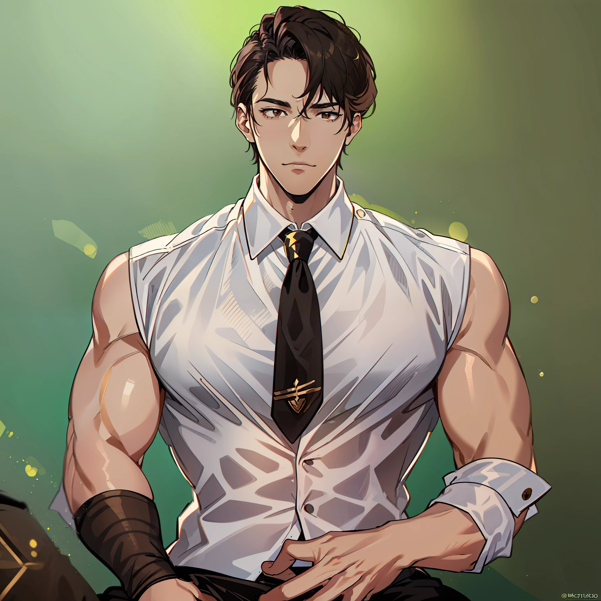 (ridiculous, high resolution, super detailed, realistic,), 1 male, soloist, adult, mature, tall muscular male, broad shoulders, handsome, extremely short hair, black hair, brown eyes, angular chin, thick neck, thick eyebrows, formal wear, tie, upper body