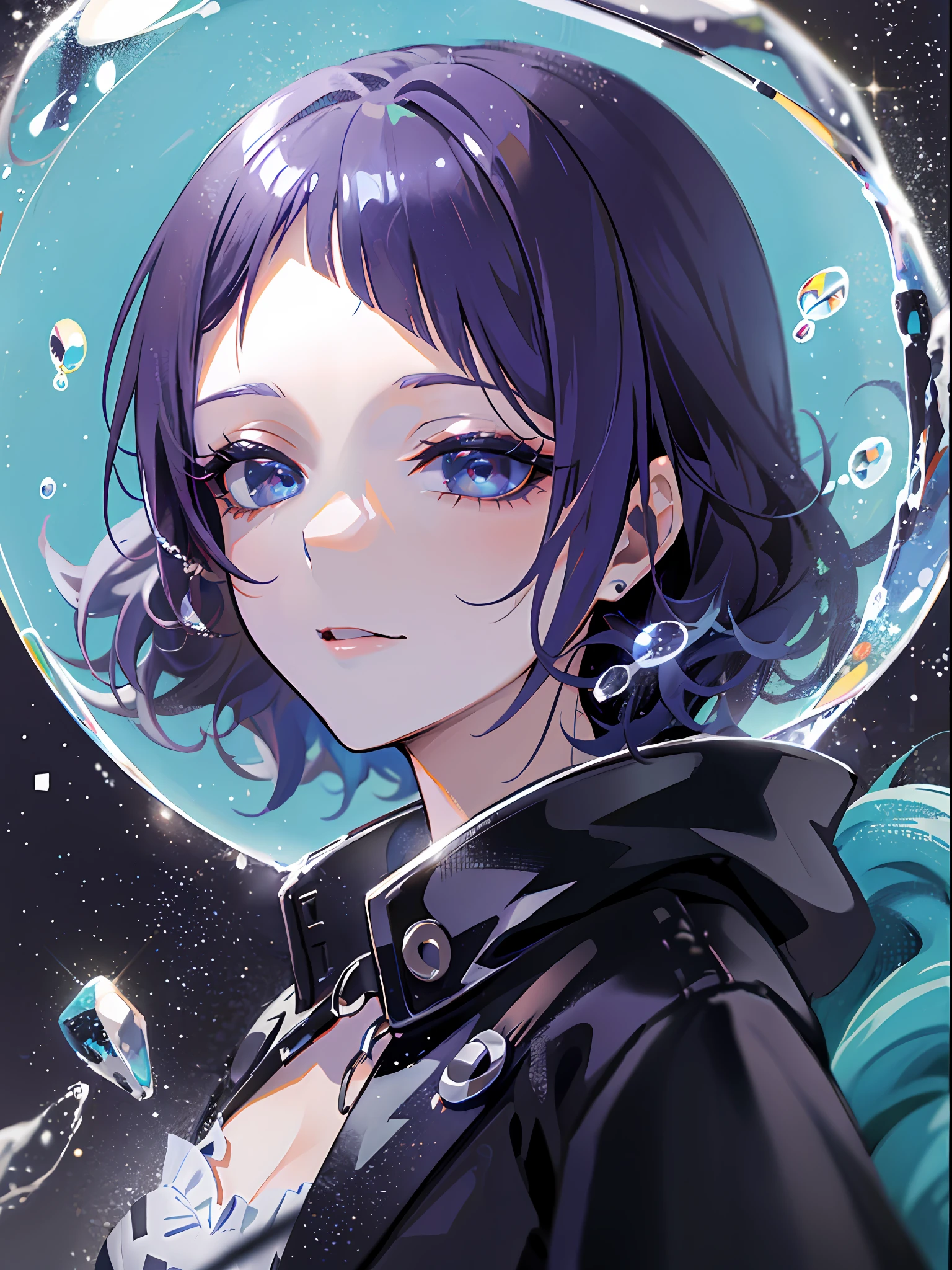 ((top-quality)), ((masterpiece)), ((ultra-detailliert)), (extremely delicate and beautiful), girl with, 独奏, cold attitude,((Black jacket)),She is very(relax)with the(Settled down)Looks,A dark-haired, depth of fields,evil smile,Bubble, under the water, Air bubble,bright light blue eyes,Inner color with black hair and light blue tips,Cold background,Bob Hair