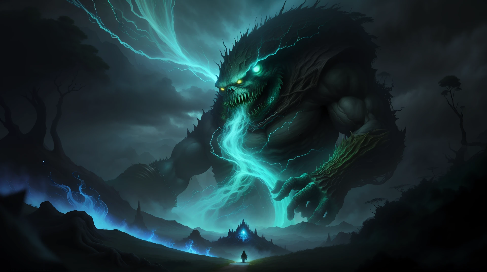 Arafed monster in a forest with a sky background, monstro de fantasia hiper realista, Arte de fantasia 4k, Arte digital altamente detalhada em 4k, apocalypse with vegetation, ents humanoides velhos, Arte de fantasia 8k, Elden Monstro do anel, arte conceitual escura fotorrealista, sinistro altamente detalhado, Epic Fantasy Digital Art Style, Papel de parede de arte conceitual 4K, arte fantasia behance