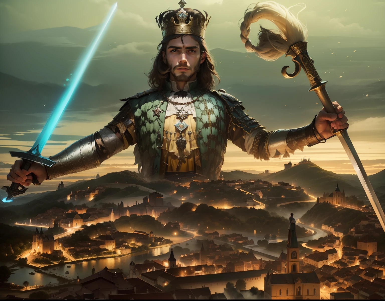 Image of a young English man, de barba, bonito, with a sword in his right hand and a scepter in his left hand and a very beautiful crown on his head, This man is quite large behind a mountain and a medieval village, com igreja, casas, palace and a wall around the village, arte digital premiada, energetic, (insanamente detalhado:1.5), 20 megapixels, canon eos r3 --auto