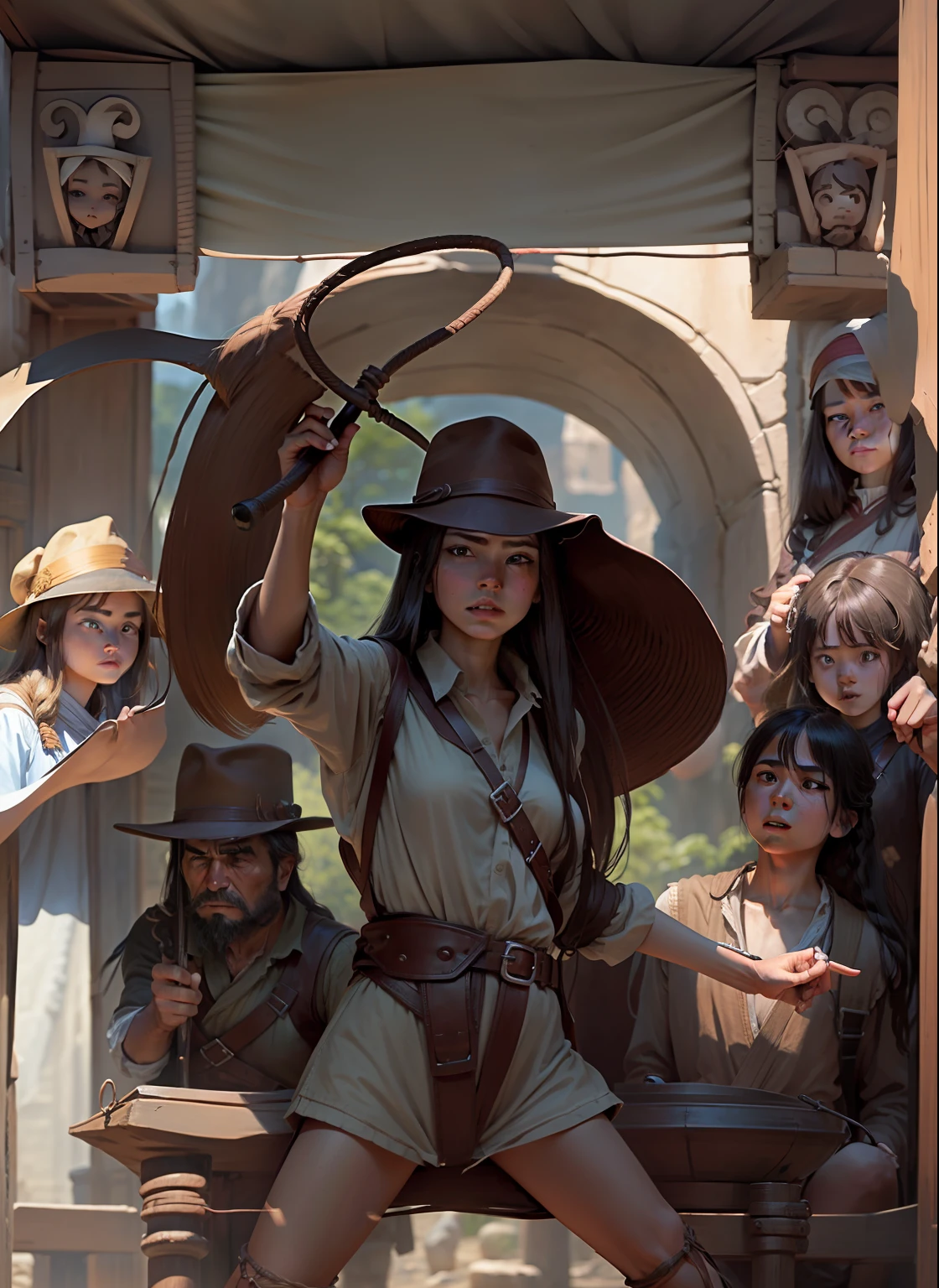 Girl in the center、The girl in the center has a whip and long hair、Uncle on the upper right、Girl in the center right、Male in the lower right corner、Female in the upper left、Uncle in the lower left、The background is Indiana Jones style、 --auto