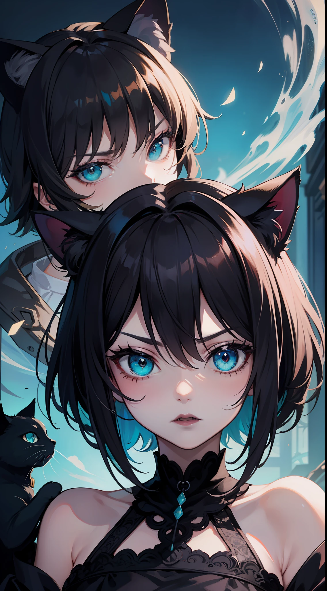 Adult woman, short black hair, cat ears, Cyan eyes, black lipstick, Black Dress, anger, Masterpiece, hiquality