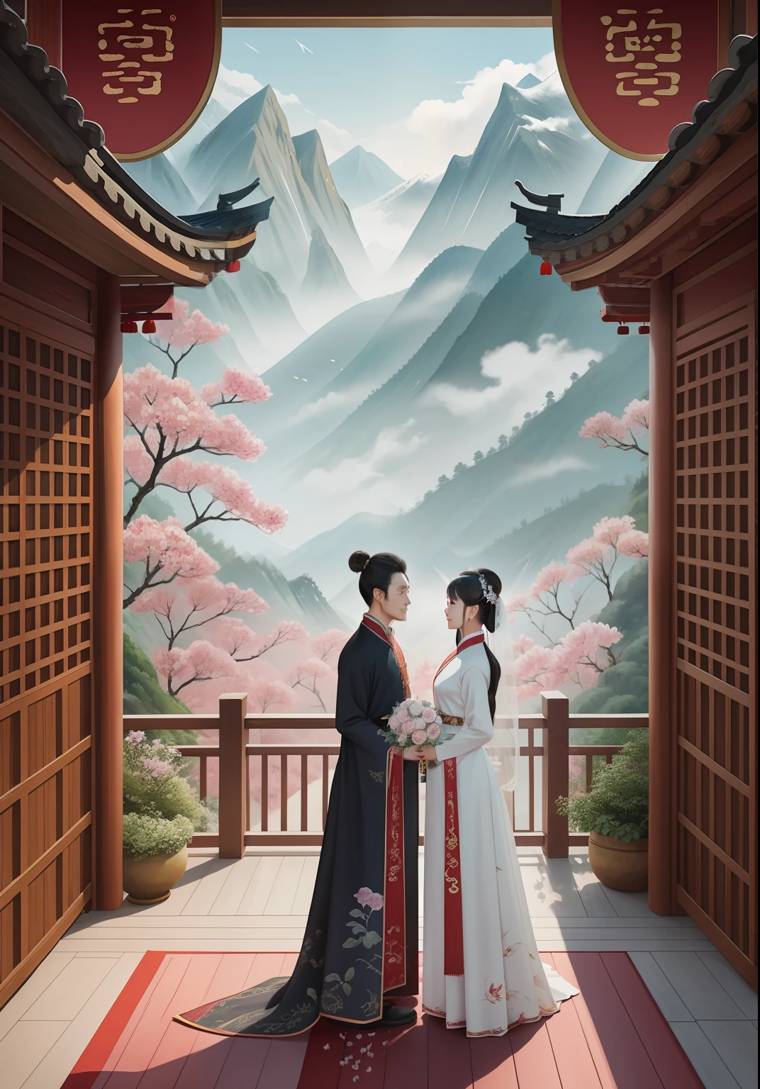 Mountain style wedding poster, trending on cgstation, Middle metaverse, Chinese watercolor style, inspired by Chen Daofu, Chinese style, 中 国 鬼 节, inspired by Ma Yuanyu, Wang Chen, Inspired by Tang Yifen, 1 as february)
