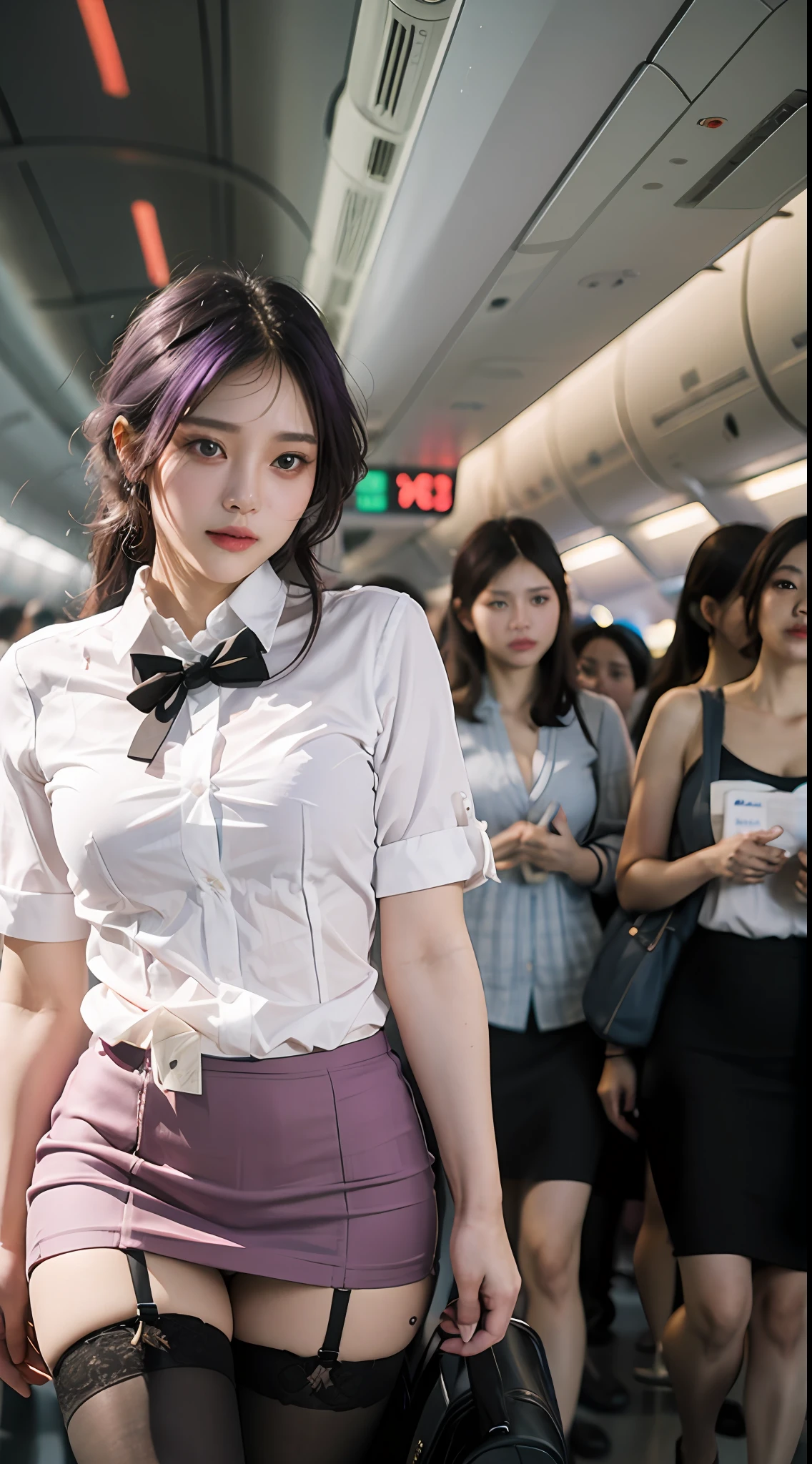 (Best quality: 1.1), (Realistic: 1.1), (Photography: 1.1), (highly details: 1.1), (1womanl), Airline flight attendants,Red coat,White shirt,Short skirt,black lence stockings,In the plane,KafkaHKS,Hong Kong,Purple eyes, Purple hair,