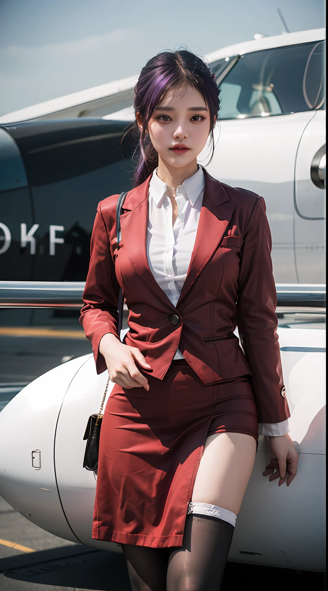 (Best quality: 1.1), (Realistic: 1.1), (Photography: 1.1), (highly details: 1.1), (1womanl), Airline flight attendants,Red coat,White shirt,Short skirt,black lence stockings,In the plane,KafkaHKS,Hong Kong,Purple eyes, Purple hair,