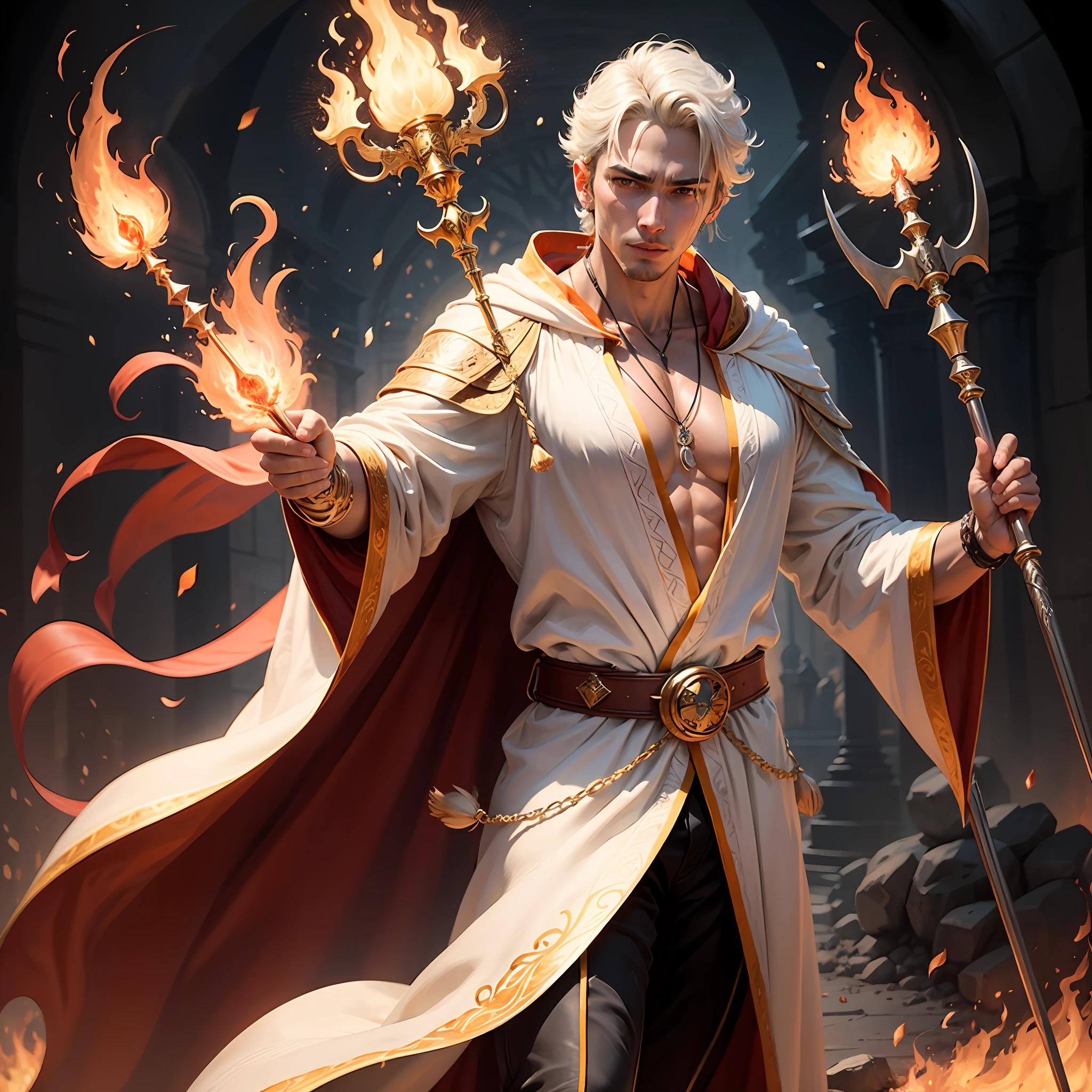 White robe with gold stripes,Master of the Divine Flame,Spear-like orange and red crystal staff,Young and handsome beautiful man,Legendary Fire Archmage --auto