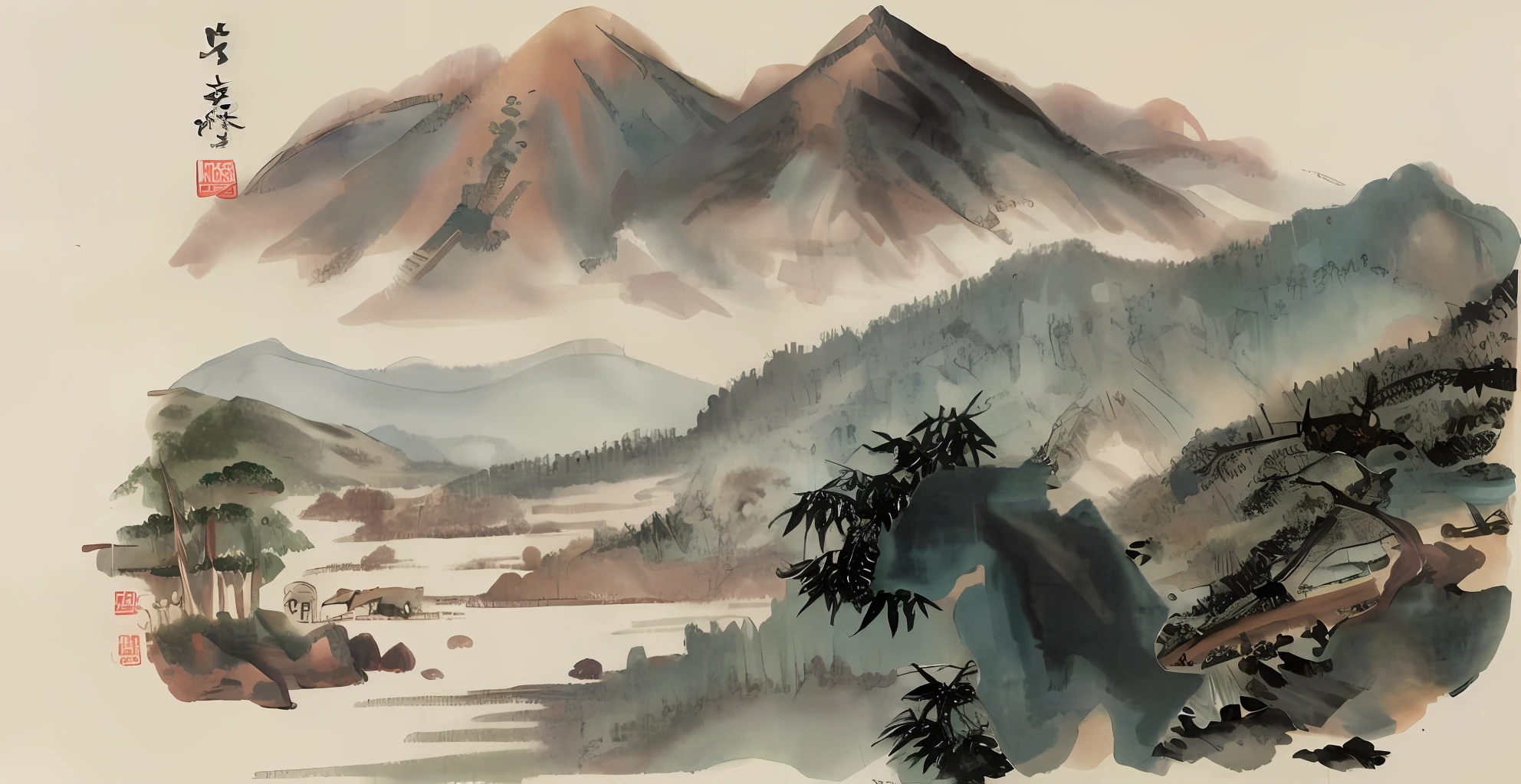 ancient wind，maple leaves，bamboos，mountain in the distance，NOhumans，Quaint，Hug Pu，chinese paintings，ink and watercolor painting，Flocks of birds，tmasterpiece，high-class，high qulity