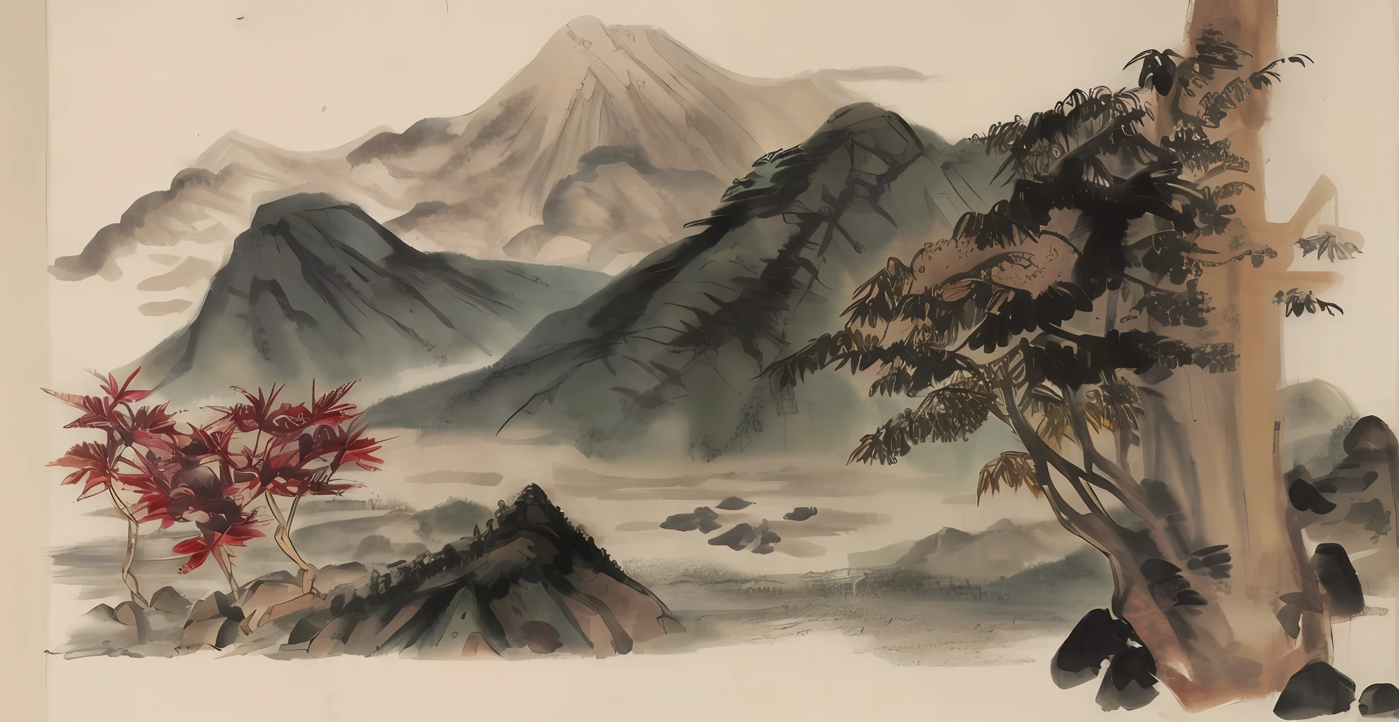 ancient wind,maple leaves,bamboos,mountain in the distance,NOhumans,Quaint,Hug Pu,chinese paintings,ink and watercolor painting,Flocks of birds,tmasterpiece,high-class,high qulity