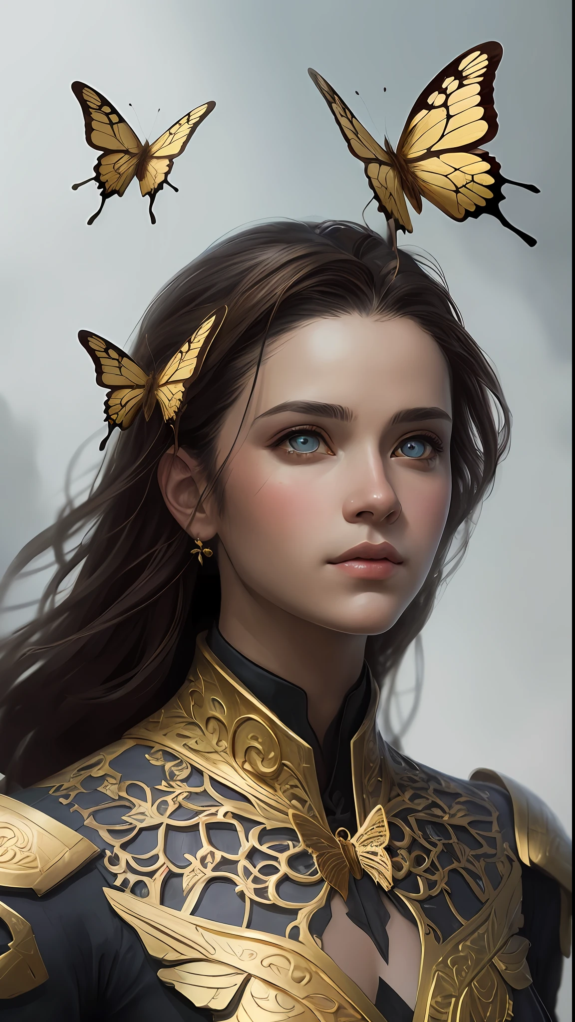 8k portrait of beautiful cyborg with brown hair, intricate, elegant, highly detailed, majestic, digital photography, art by artgerm and ruan jia and greg rutkowski surreal painting gold butterfly filigree, broken glass, (masterpiece, sidelighting, finely detailed beautiful eyes: 1.2), hdr,