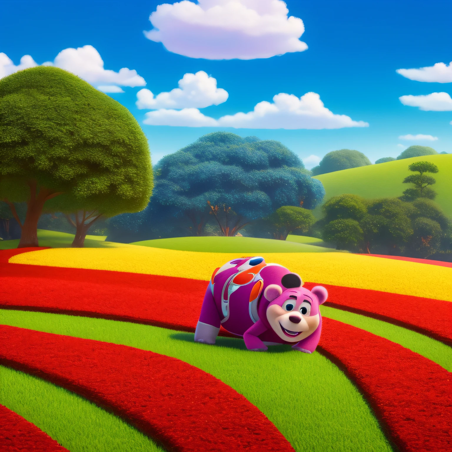 Disney、by Pixar，Toy Story 3，Animate，Strawberry Bear，Lotso，red colour，Crawling，grassy fields，Skysky，rainbowing，baiyun --auto