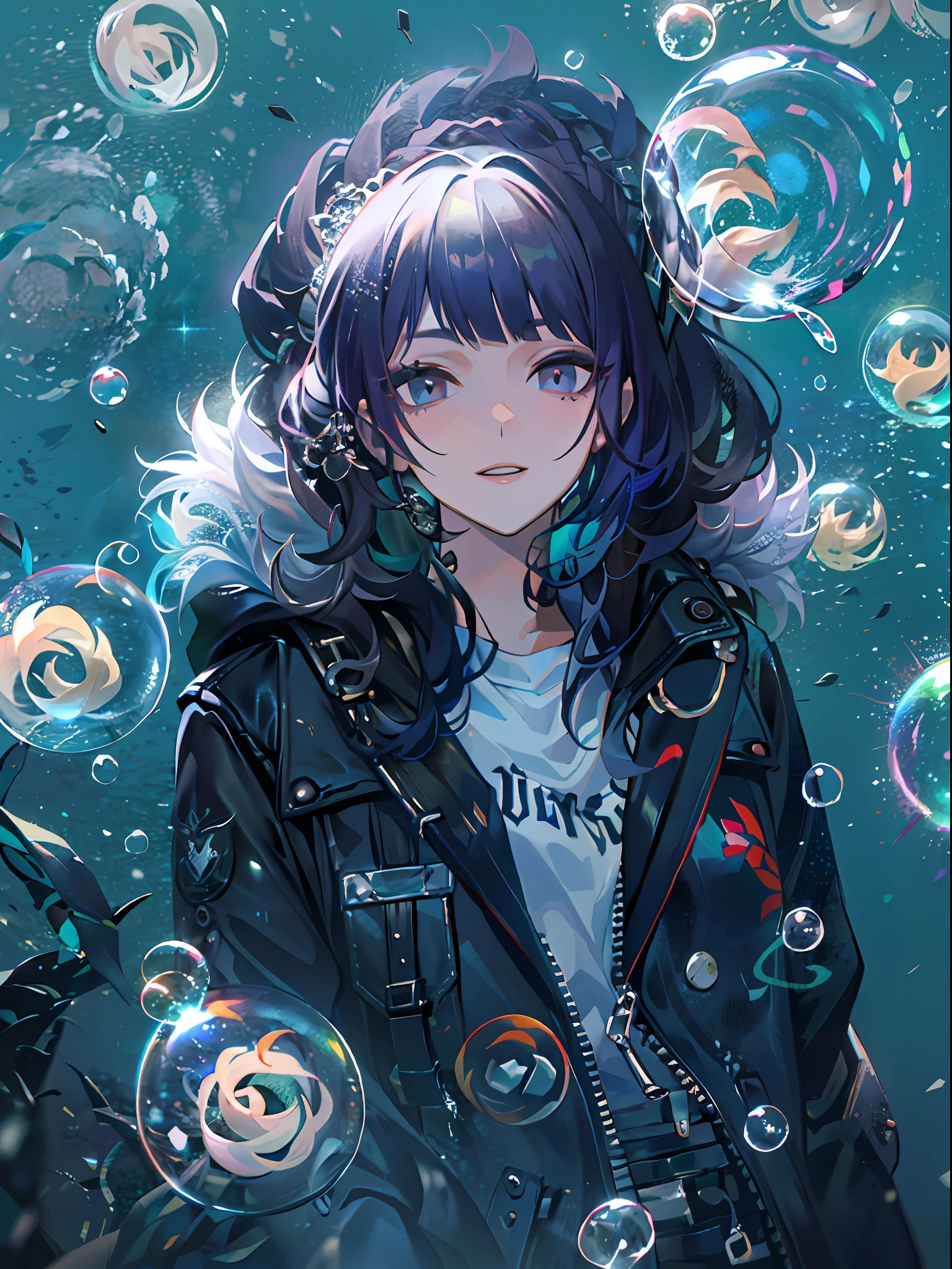 ((top-quality)), ((​masterpiece)), ((ultra-detailliert)), (extremely delicate and beautiful), girl with, 独奏, cold attitude,((Black jacket)),She is very(relax)with  the(Settled down)Looks,A dark-haired, depth of fields,evil smile,Bubble, under the water, Air bubble,bright light blue eyes,Inner color with black hair and light blue tips,Cold background,Bob Hair