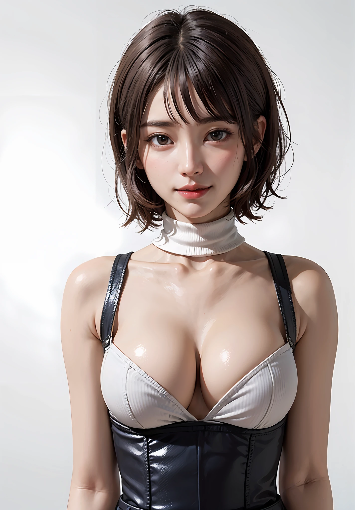 (Look firmly at the camera at the top、look up to)、e young Lolita、breasts indentation、cleavage of the breast、Super thick with a small waist、the areola is protruding、areola hollows、Realistic areola、large full breasts、Turtleneck sweater、doress、Short hair with 46 bangs、Azure Lane Metamorphosis、真实感、Hyper-Realism、perfect hand、Perfect fingers、perfect chest、perfect hair、perfect  eyes、Cute young Lolita、breasts indentation、cleavage of the breast、Super thick with a small waist、the areola is protruding、areola hollows、Realistic areola、large full breasts、Turtleneck sweater、doress、short hair with bangs、Azure Lane Metamorphosis、真实感、Hyper-Realism、perfect hand、Perfect fingers、perfect chest、perfect hair、face perfect、perfect bodies、(Really pure white blank background)、(Look firmly at the camera、Hair fluttering in the wind just a little bit)Face、perfect bodies、(Really pure white blank background、190cm Supermodel、Close your mouth and smile happily)、Highlights in the eyes、Light brown eyes、long neck、