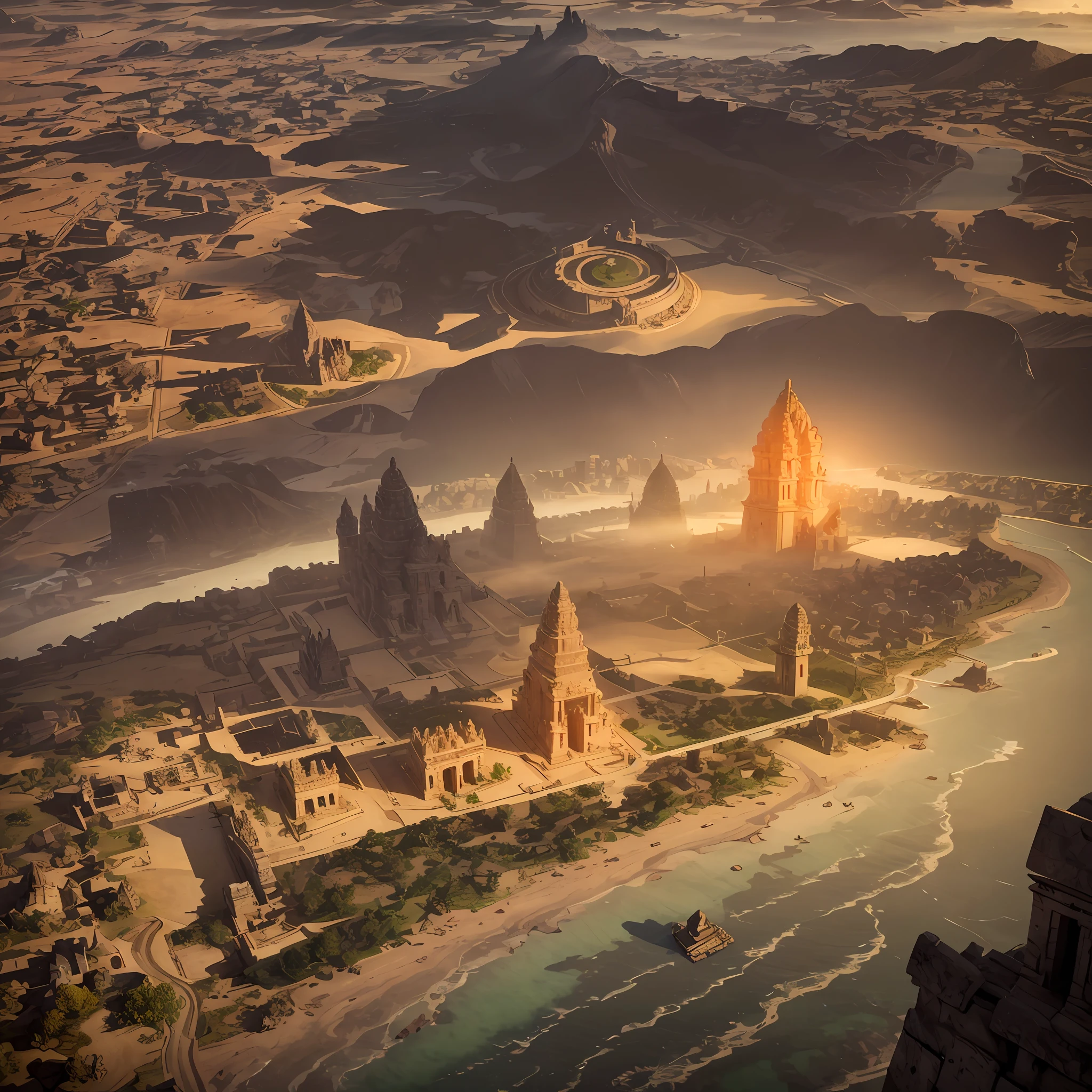 aerial view,Ancient Golden "Indian" City Civilization with Grid system, Majestic Temple amd dozens of Royal Houses made of gold metal,Unreal engine 5,by the sea shore , indian architecture, Hinduism and Buddhism Style,Misty,Mysterious,Flimy., Dramatic lighting, beautiful sky.