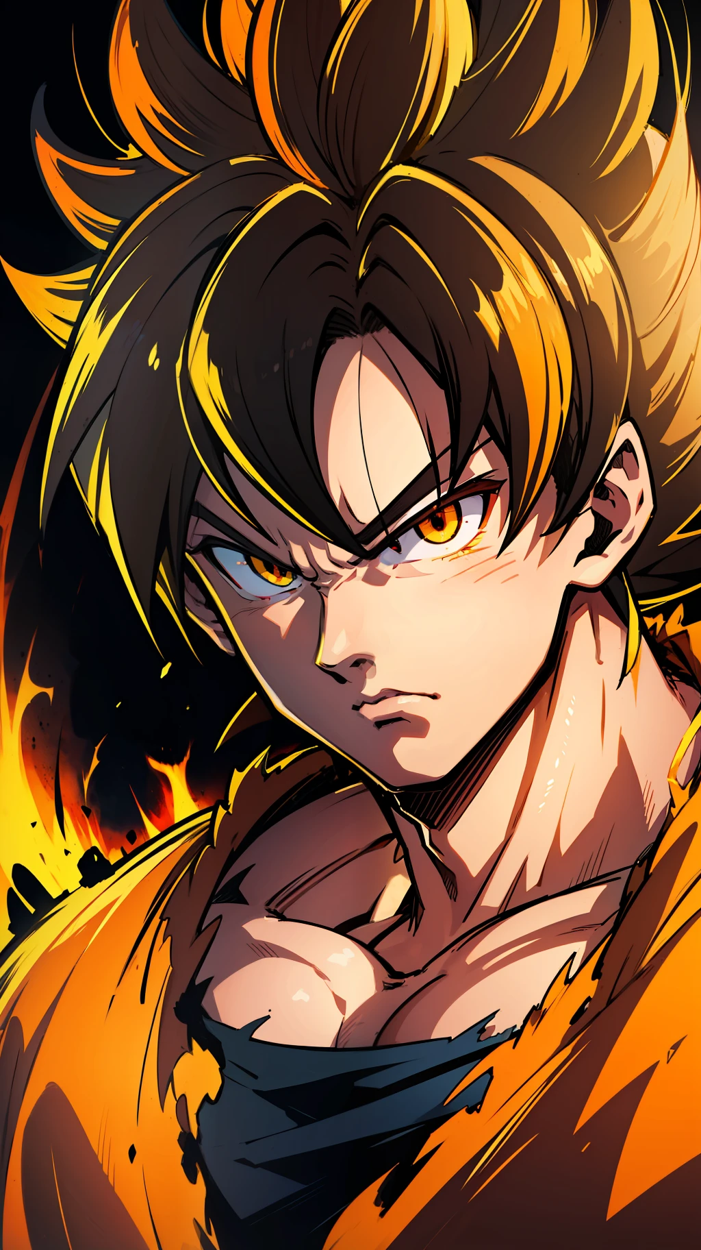 Son goku super sayajin looking at viewer, serious face. Yellow orange aura of power. Muscles. soft light. digital art. traces of 90's anime. Orange Torn clothes. Face defined,